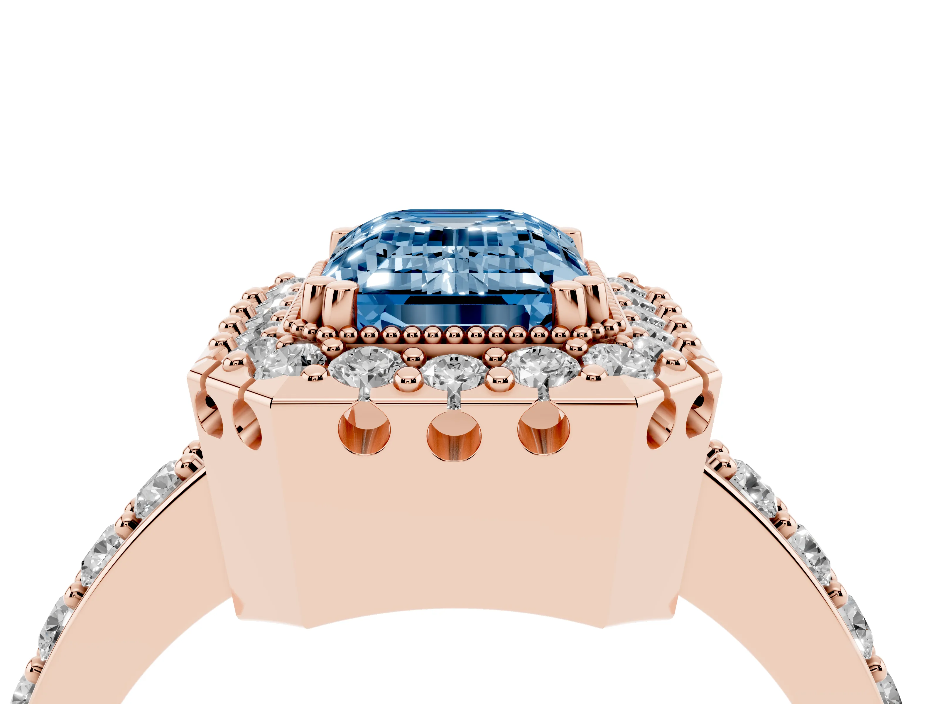 Fancy Blue Emerald Cut Diamond Halo Ring Set in Rose gold with Pavé Shank and Prong Setting