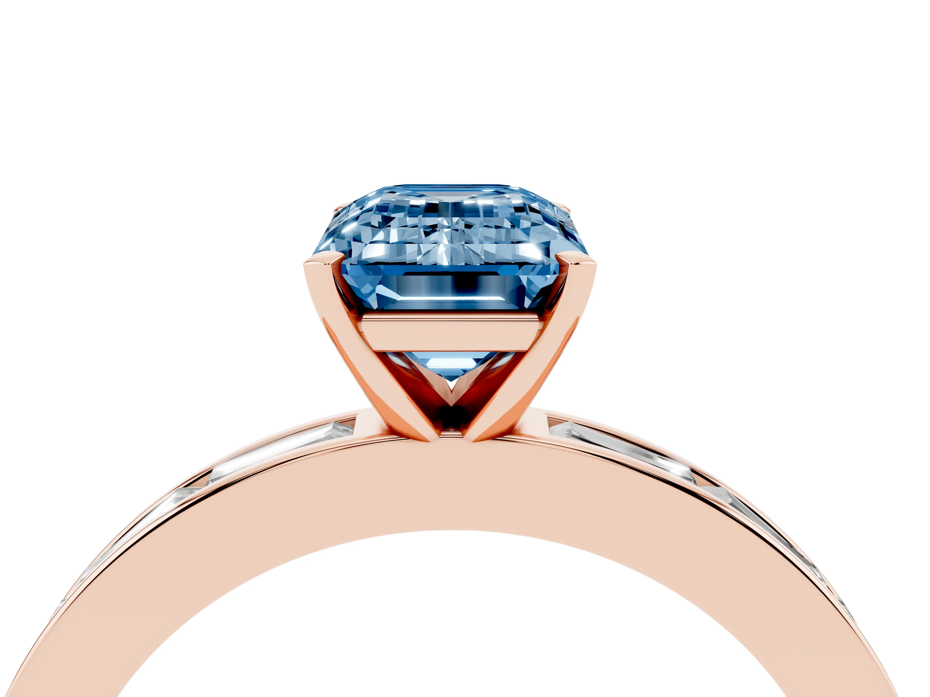 Fancy Blue Emerald Cut Diamond Solitaire Ring Set in Rose gold with Channel-Set Baguette Band and Prong Setting