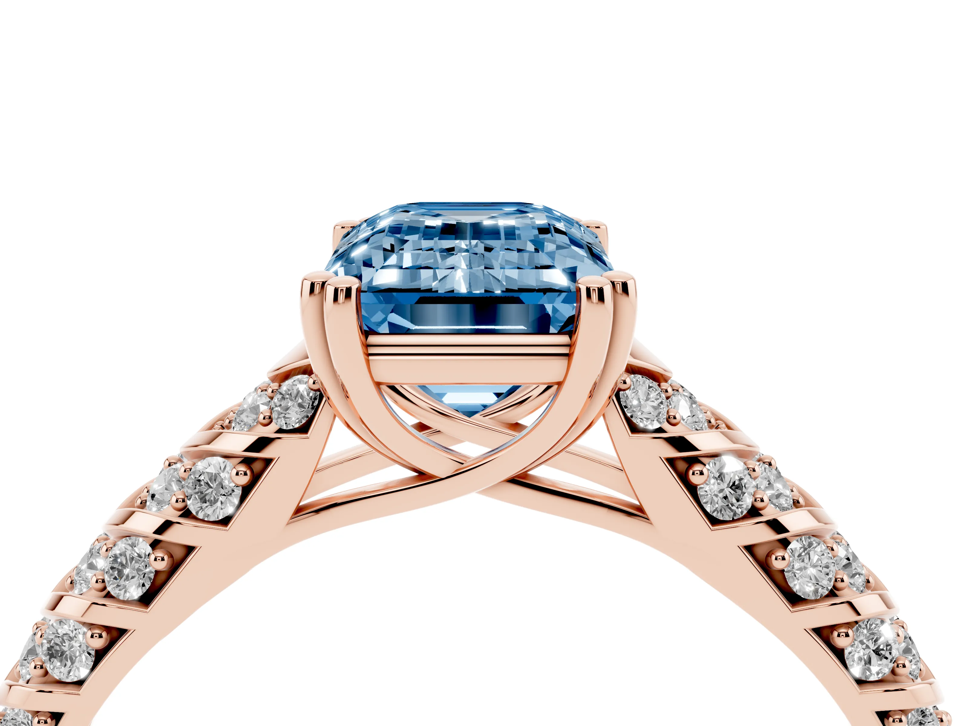 Fancy Blue Emerald Cut Diamond Solitaire Chevron Pavé Engagement Ring Set in Rose gold with Prong Setting