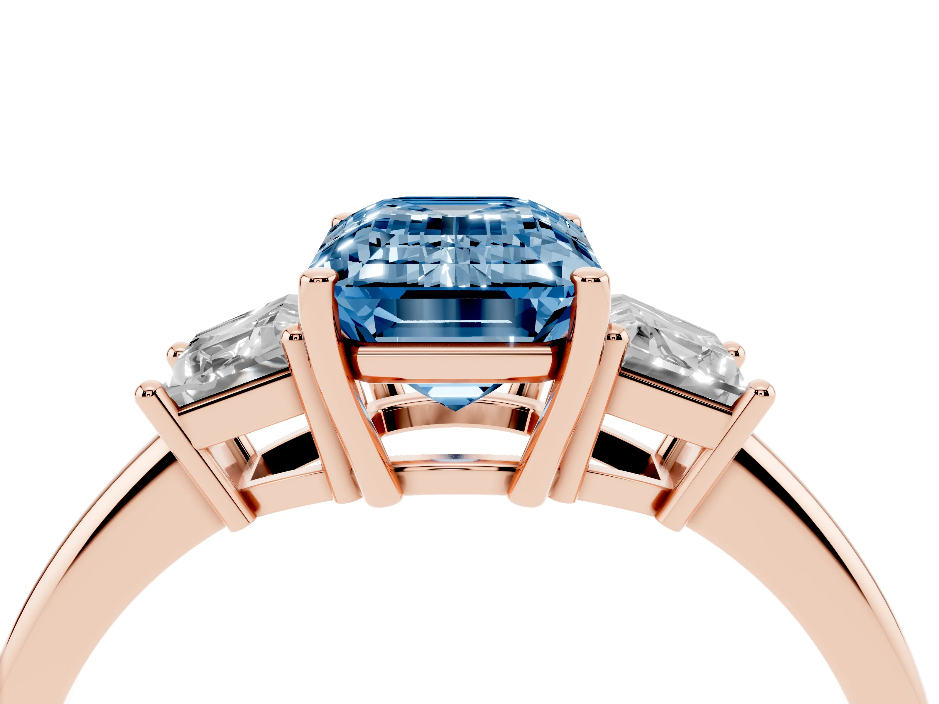 Fancy Blue Emerald Cut Diamond Three-Stone Ring Set in Rose gold with Trapezoid Side Stones and Prong Setting
