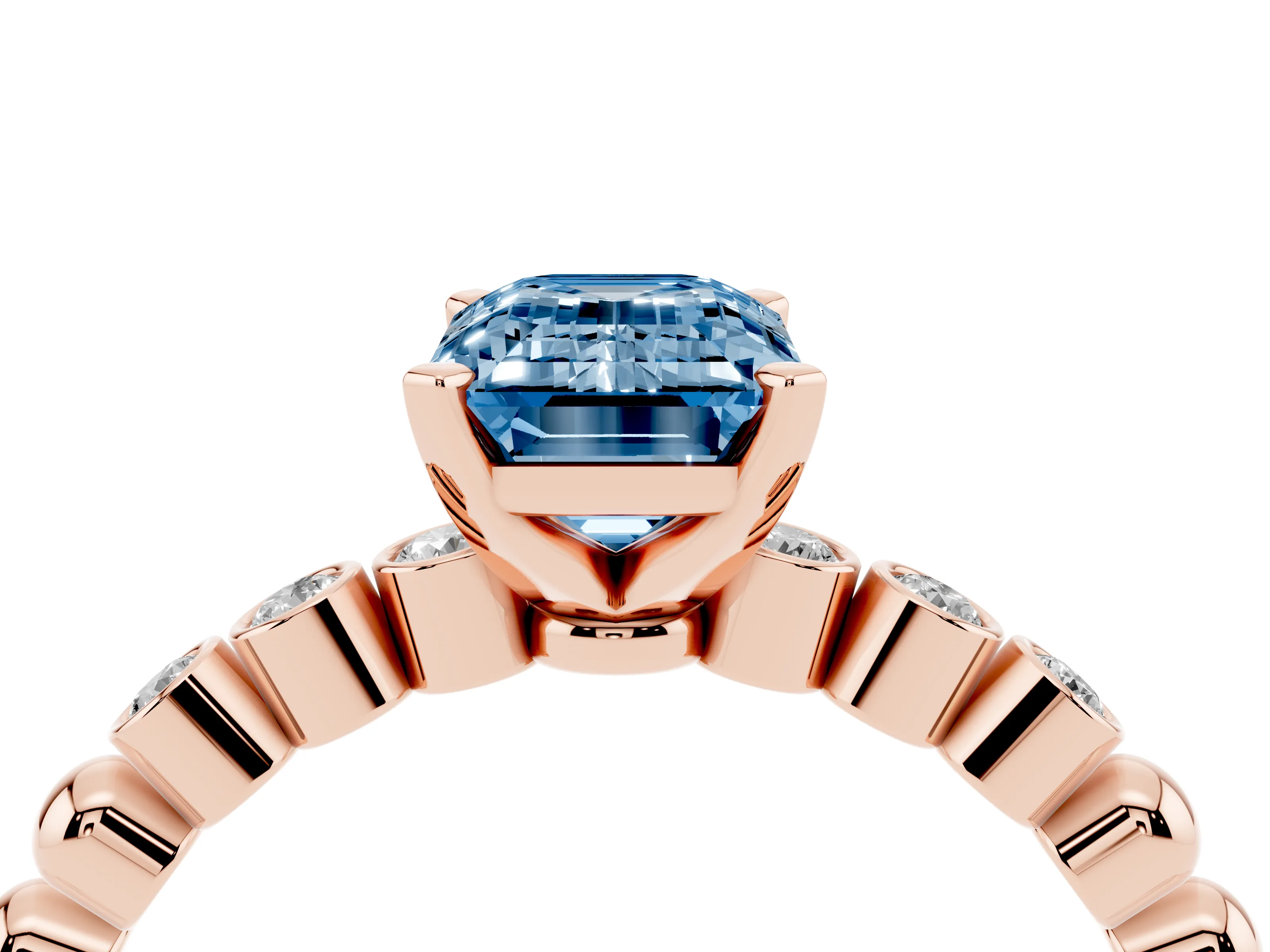 Fancy Blue Emerald Cut Diamond Solitaire Engagement Ring Set in Rose gold with Bezel Accents on Beaded Band