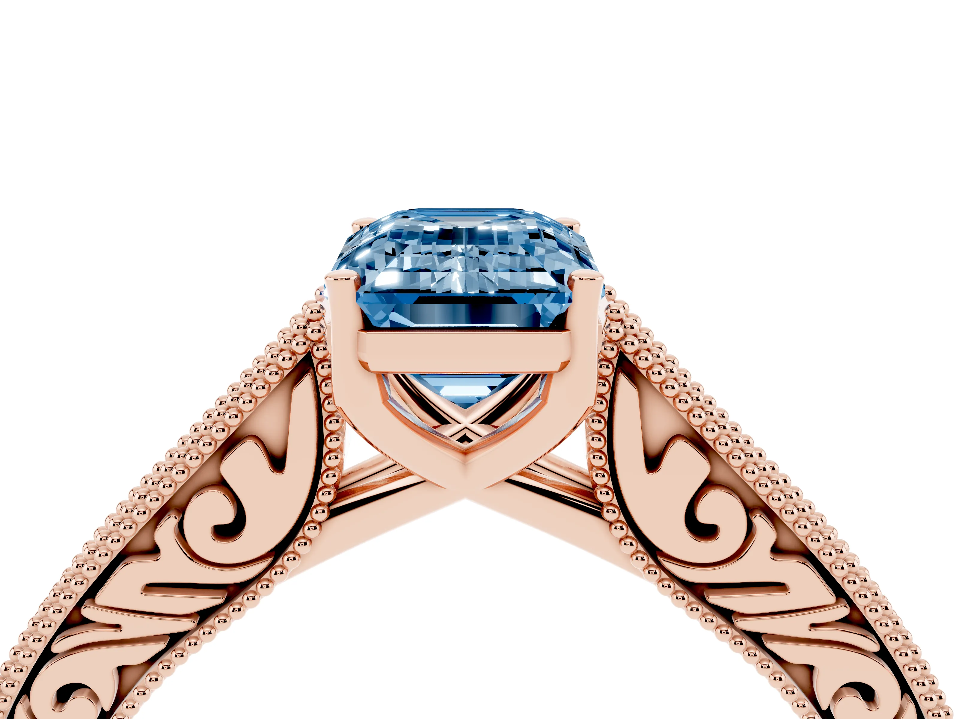 Fancy Blue Emerald Cut Diamond Milgrain Pavé Band Solitaire Ring Set in Rose gold with Prong Setting