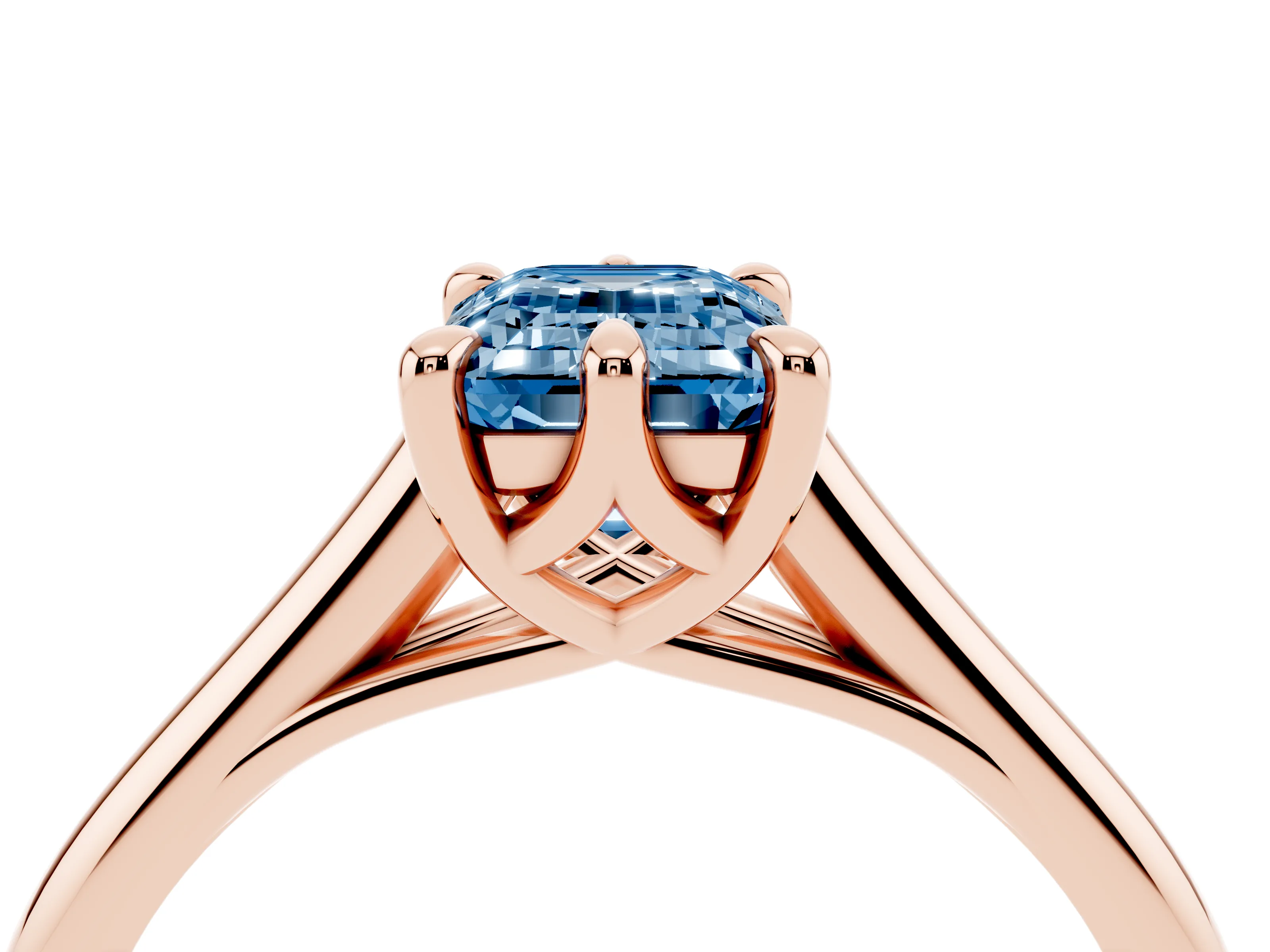 Fancy Blue Emerald Cut Diamond Solitaire Engagement Ring Set in Rose gold with Prong Setting and Plain Classic Band