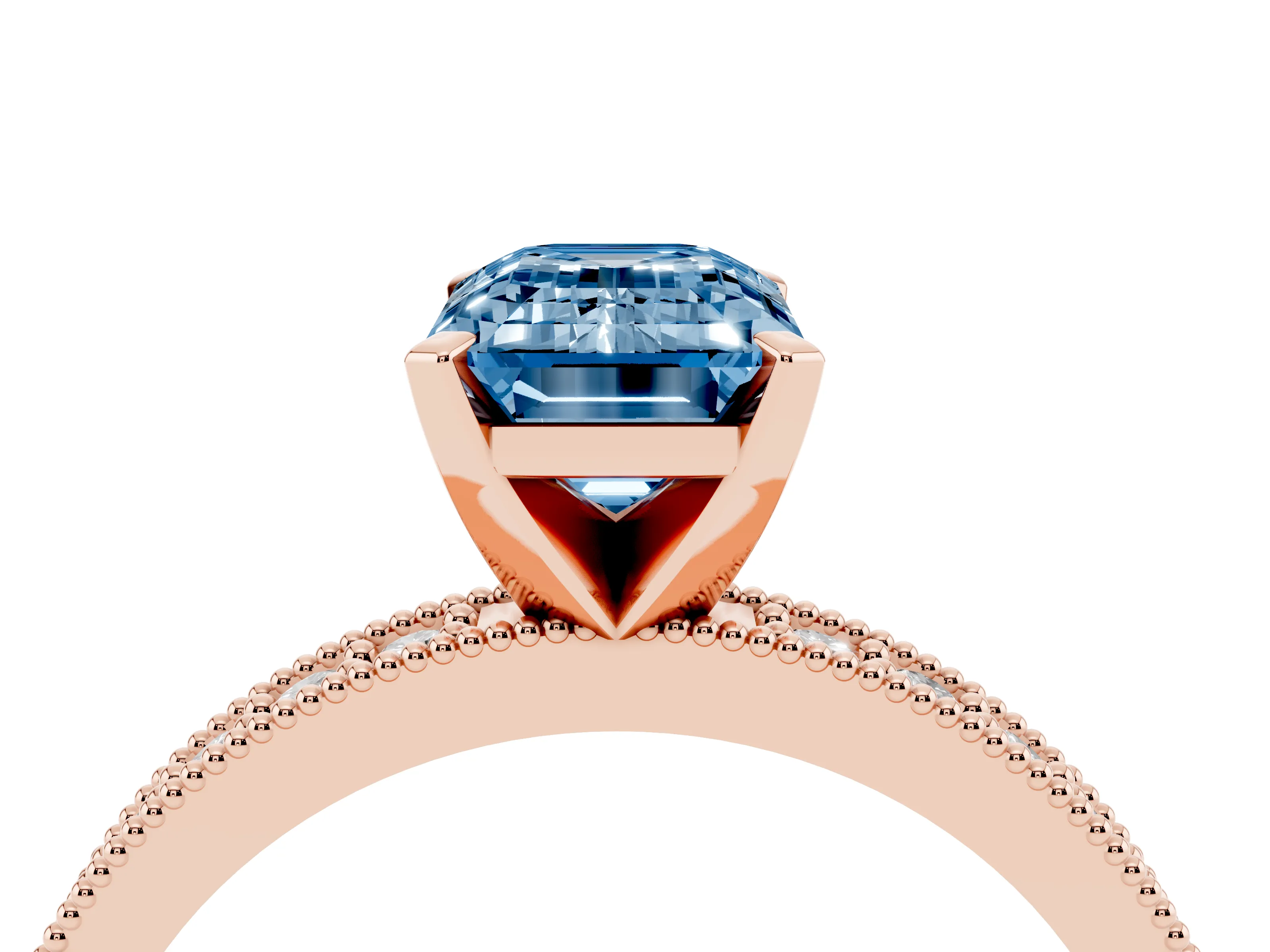 Fancy Blue Emerald Cut Diamond Milgrain Pavé Engagement Ring Set in Rose gold with Prong Setting