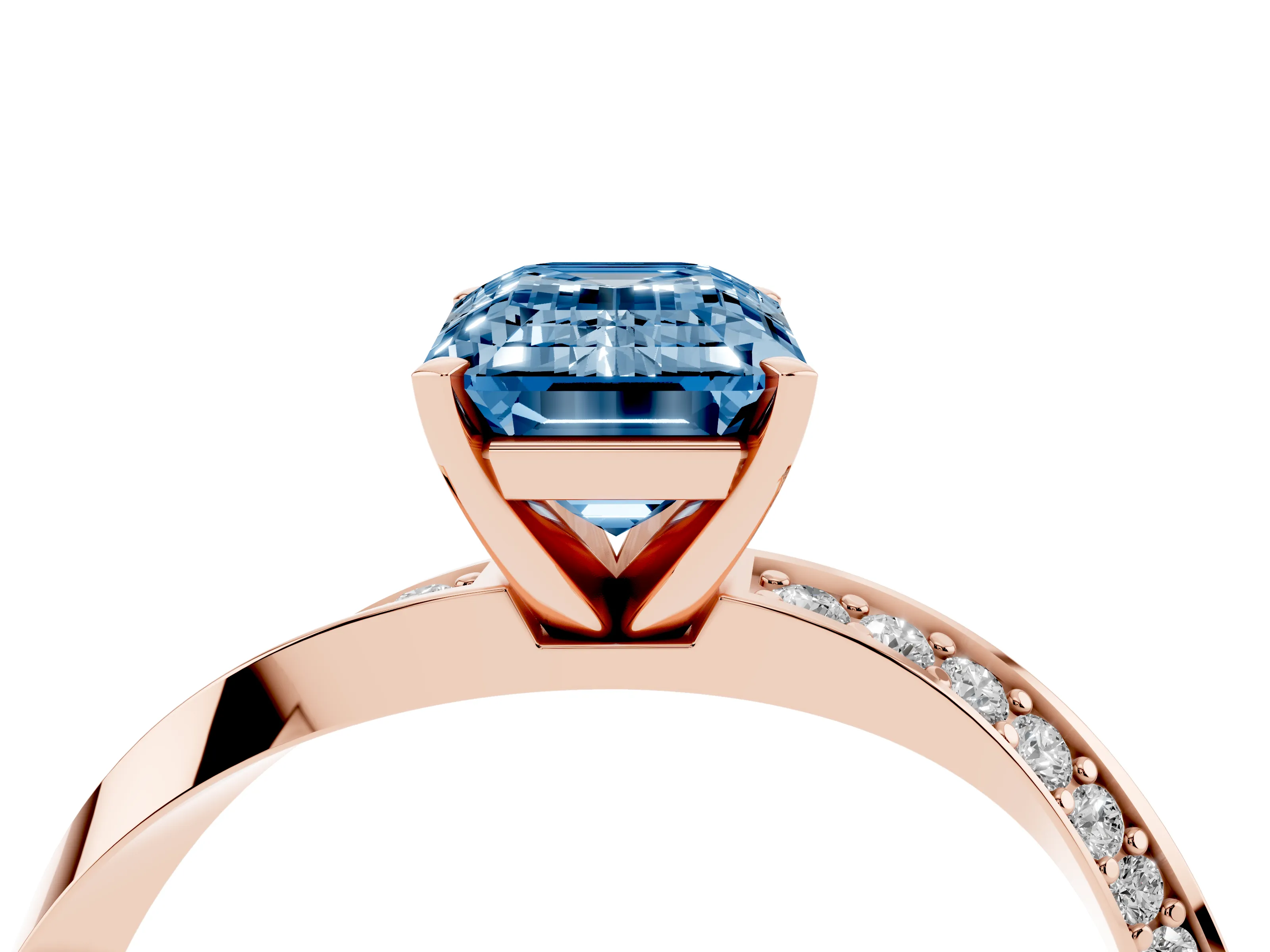 Fancy Blue Emerald Cut Diamond Engagement Ring Set in Rose gold with Side Stone Accents and Prong Setting