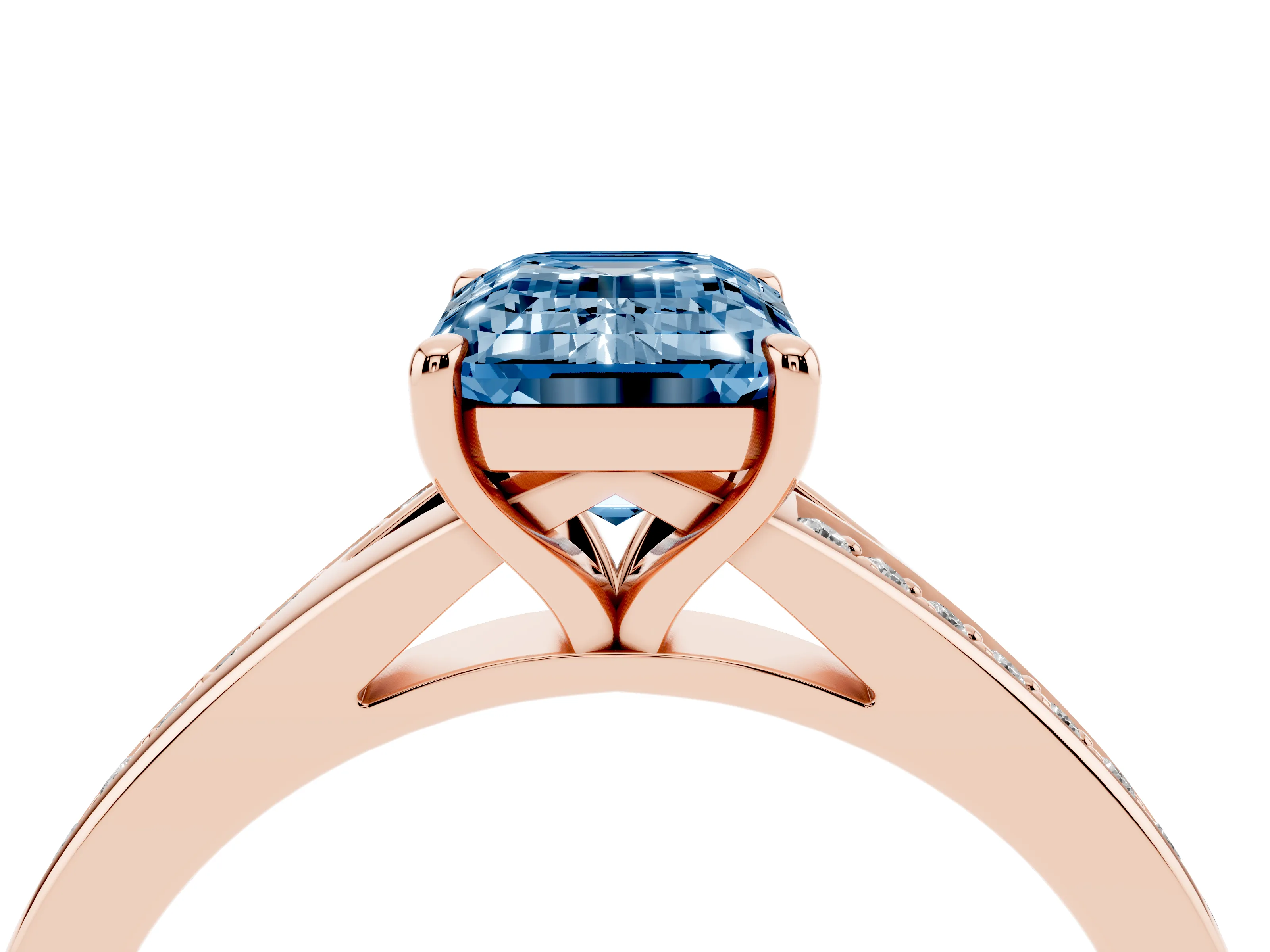 Fancy Blue Emerald Cut Diamond Solitaire Ring Set in Rose gold with Pavé Accent Band and Classic Prong Setting