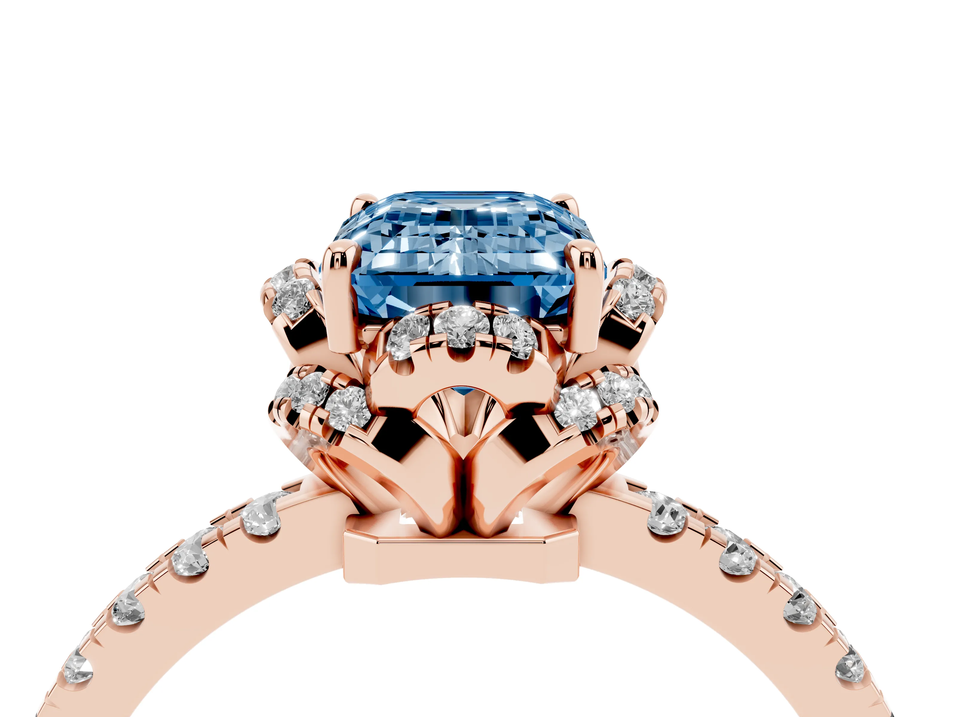 Fancy Blue Emerald Cut Diamond Halo Pavé Band Ring Set in Rose gold with Prong-Held Center