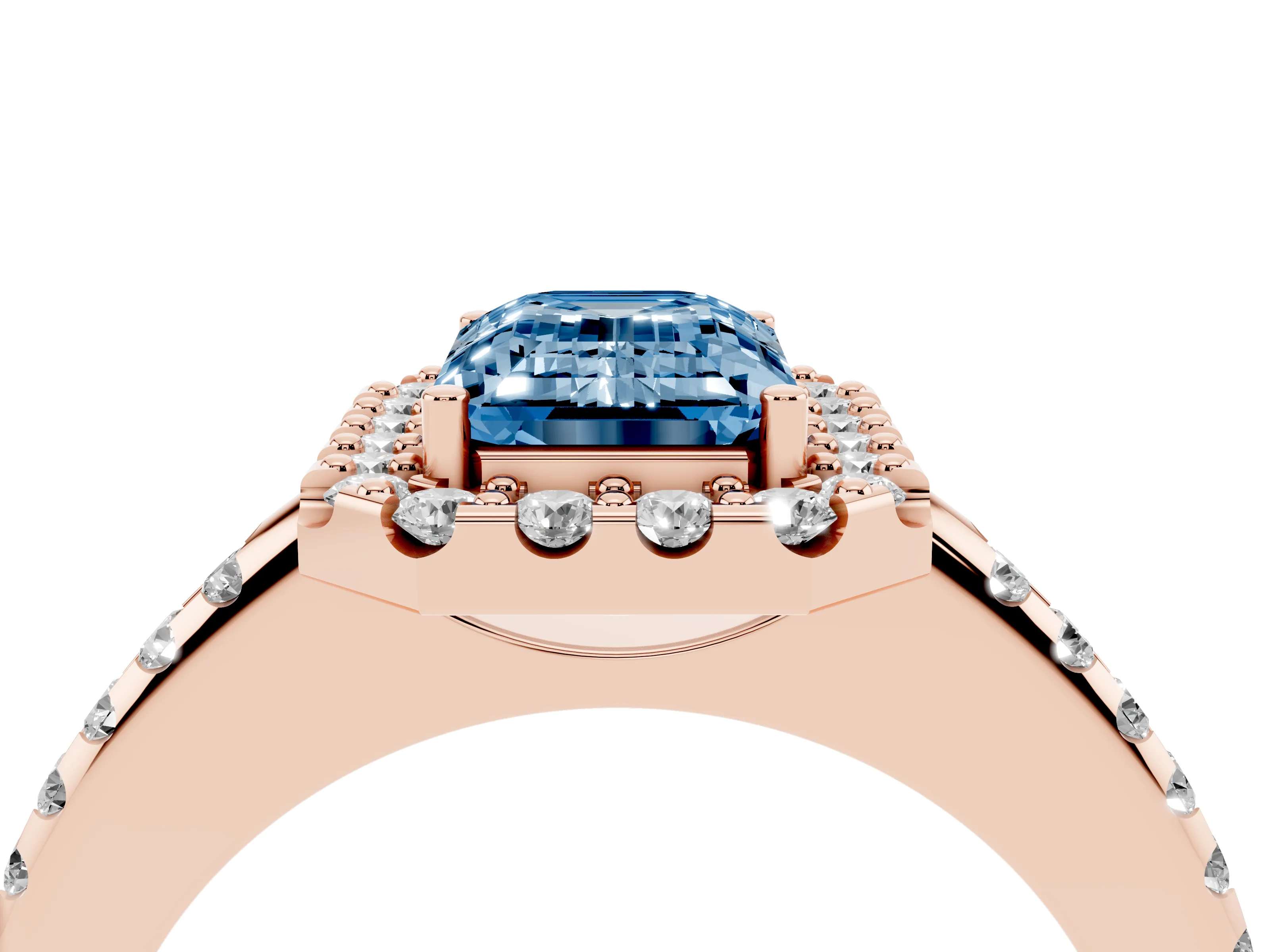 Fancy Blue Emerald Cut Diamond Pavé Halo Ring Set in Rose gold with Prong Setting