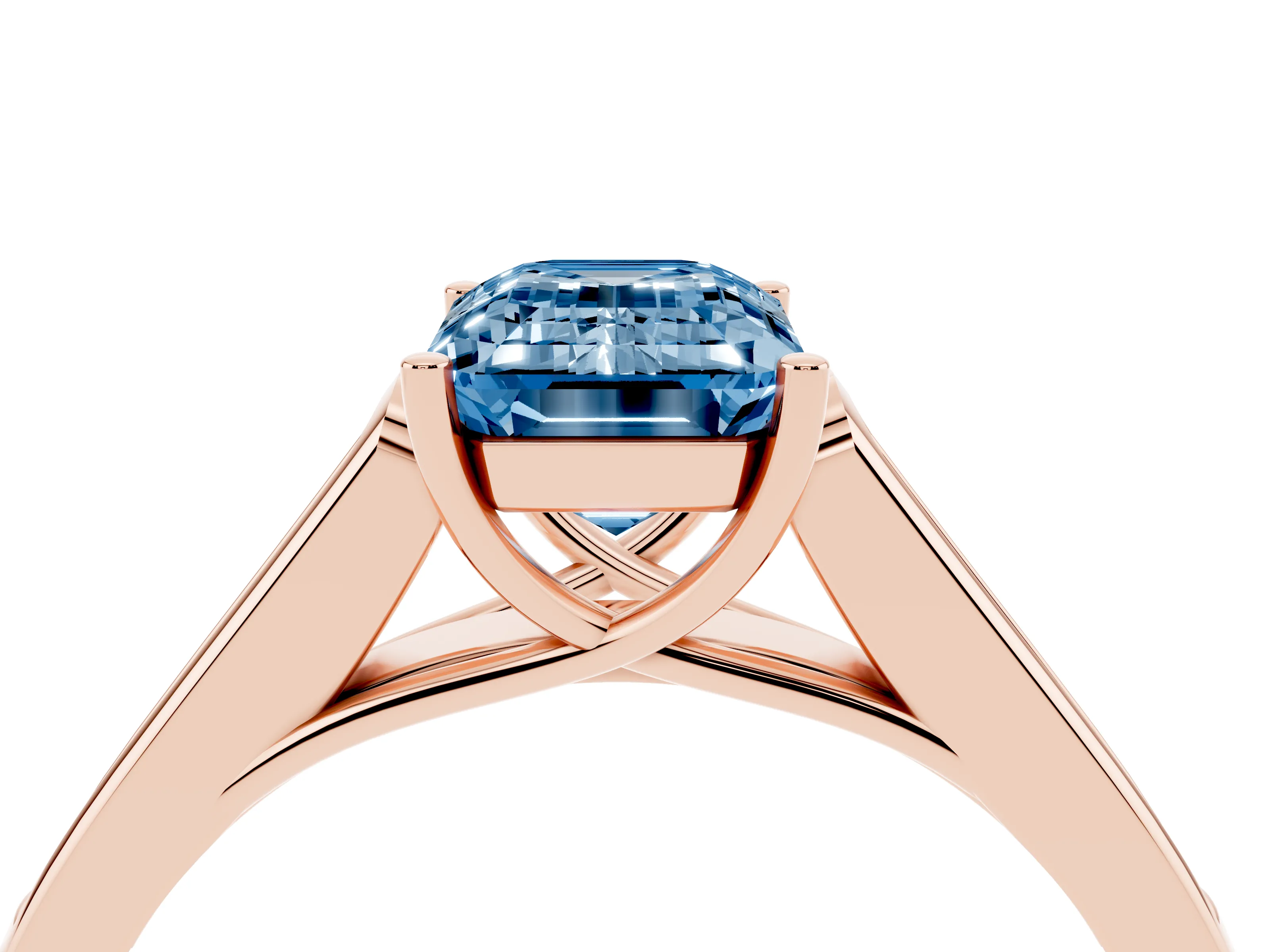 Fancy Blue Emerald Cut Diamond Solitaire Cathedral Engagement Ring Set in Rose gold with Channel-Set Band and Prong Setting