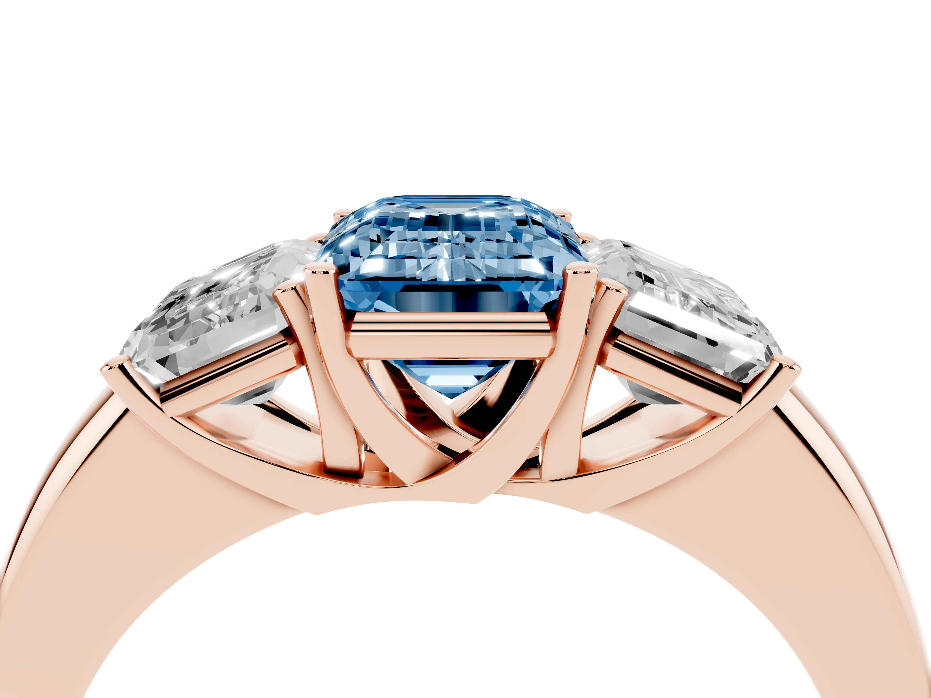 Fancy Blue Emerald Cut Diamond Three-Stone Ring Set in Rose gold with Bold Center and Classic Band