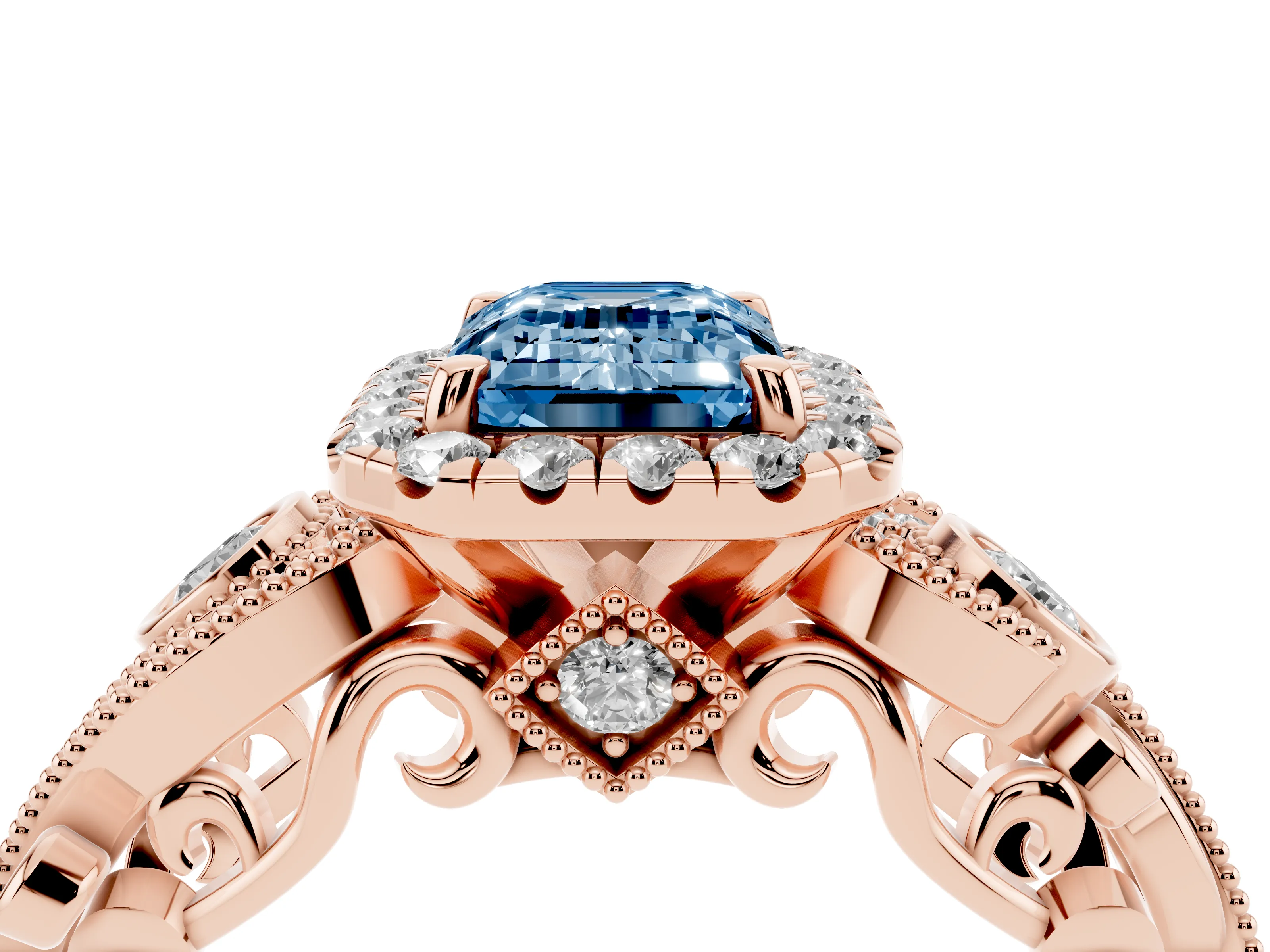 Fancy Blue Emerald Cut Diamond Halo Ring Set in Rose gold with Milgrain Pavé Band and Prong Setting