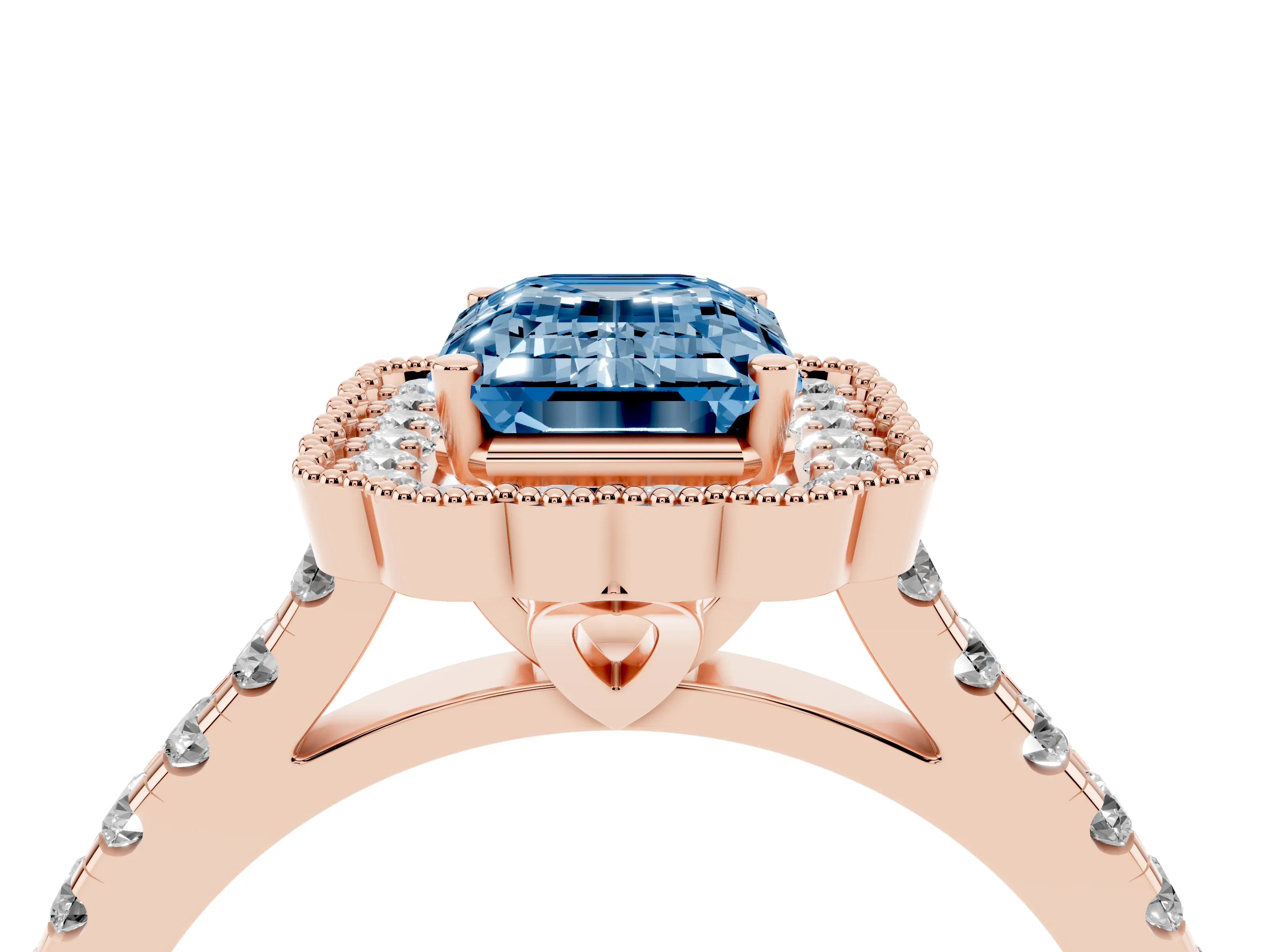 Fancy Blue Emerald Cut Diamond Milgrain Floral Halo Engagement Ring Set in Rose gold with Pavé Band