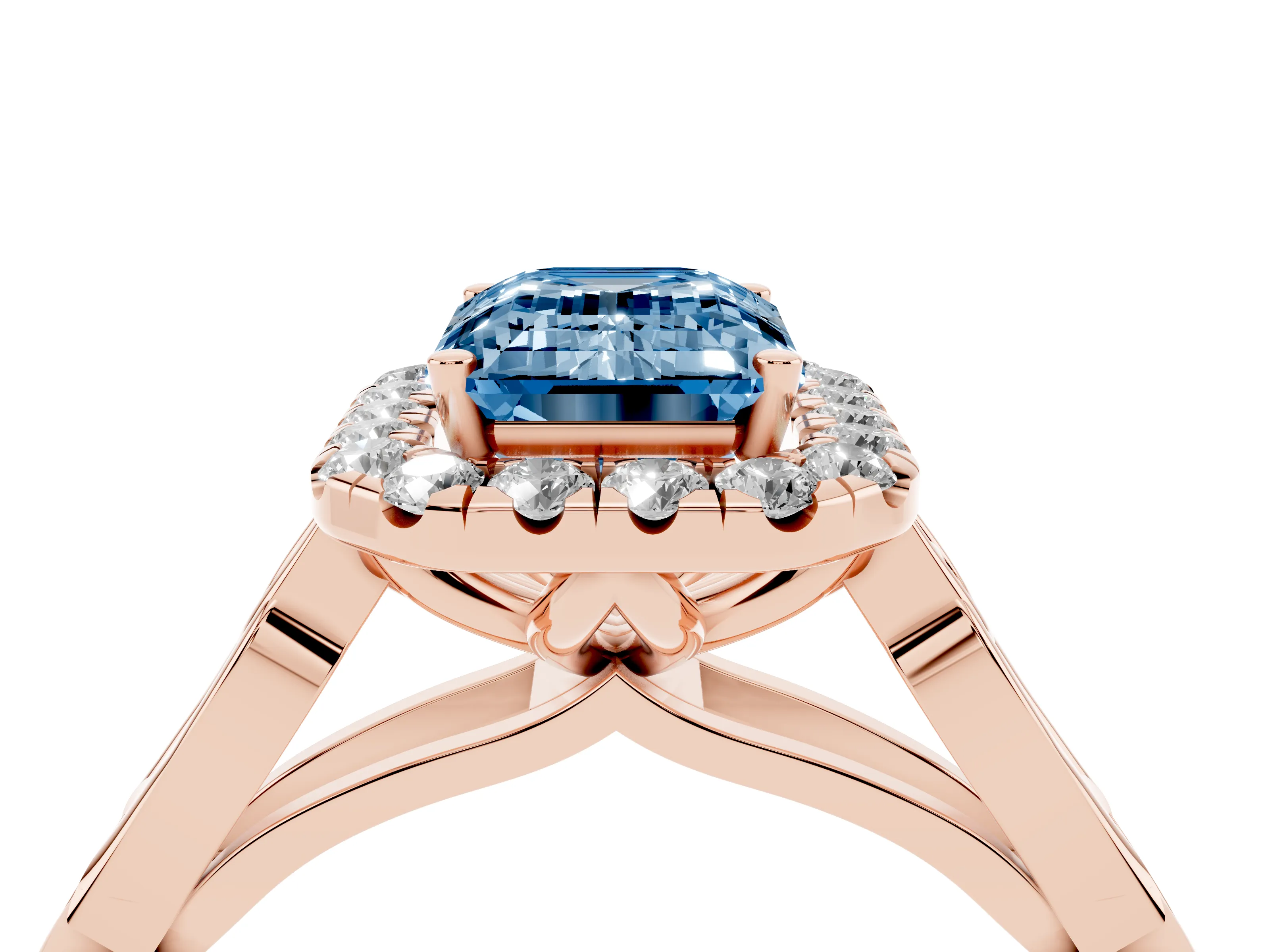 Fancy Blue Emerald Cut Diamond Halo Engagement Ring Set in Rose gold with Filigree Band and Prong-Set Center