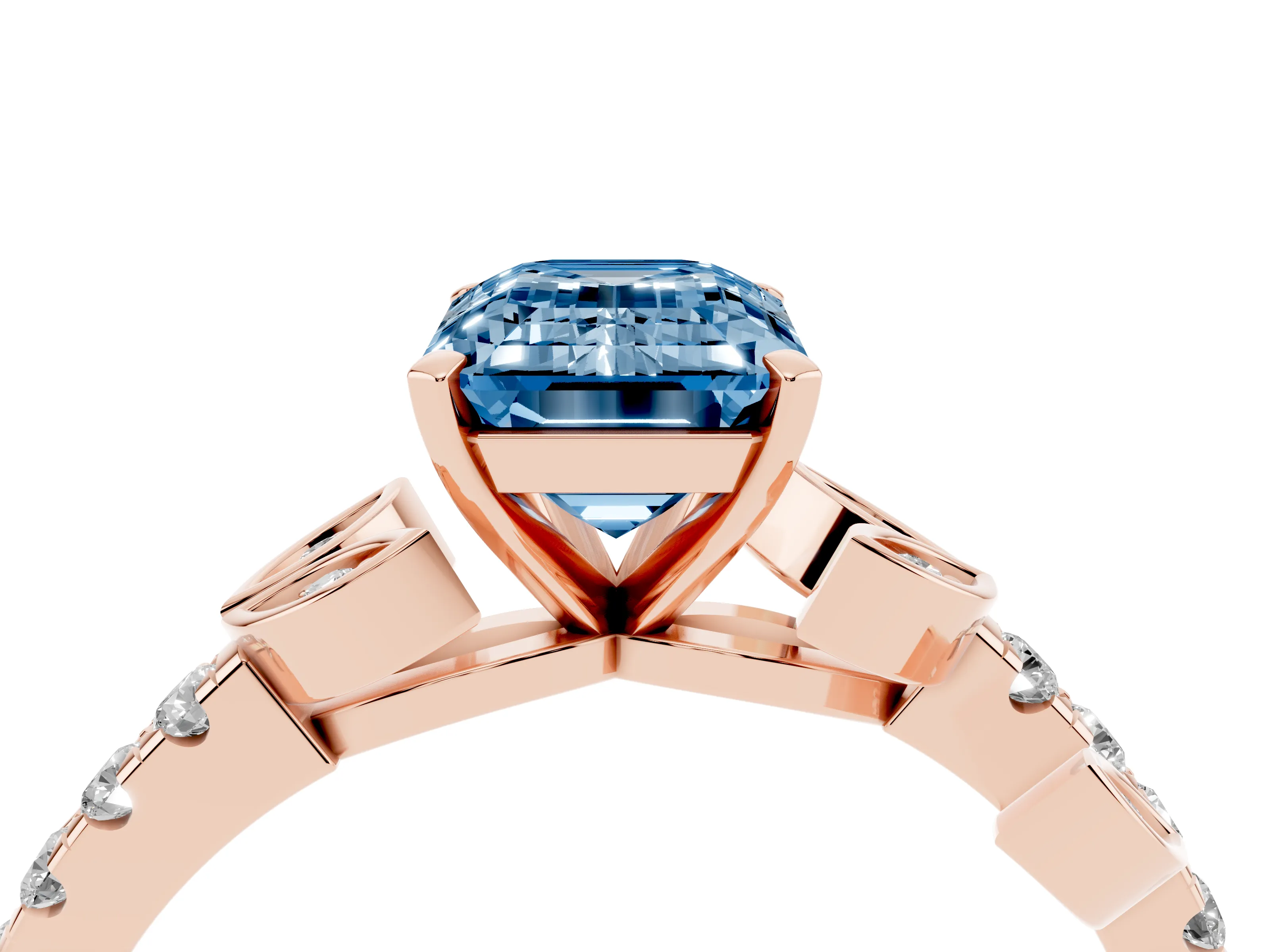 Fancy Blue Emerald Cut Diamond Solitaire Leaf-Inspired Ring Set in Rose gold with Pavé Band and Prong Setting