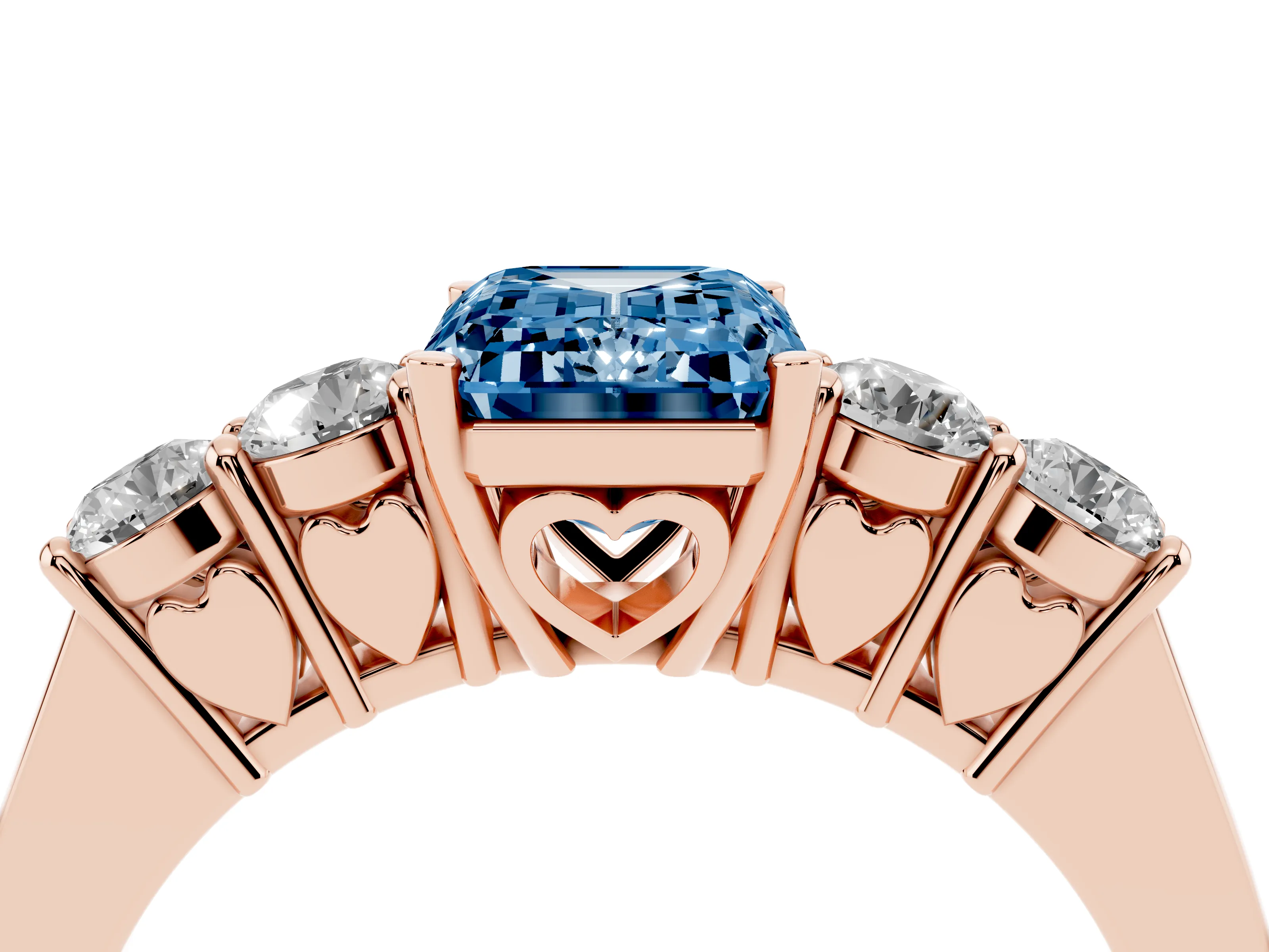 Fancy Blue Emerald Cut Diamond Five-Stone Prong Set Band Ring Set in Rose gold with Polished Band