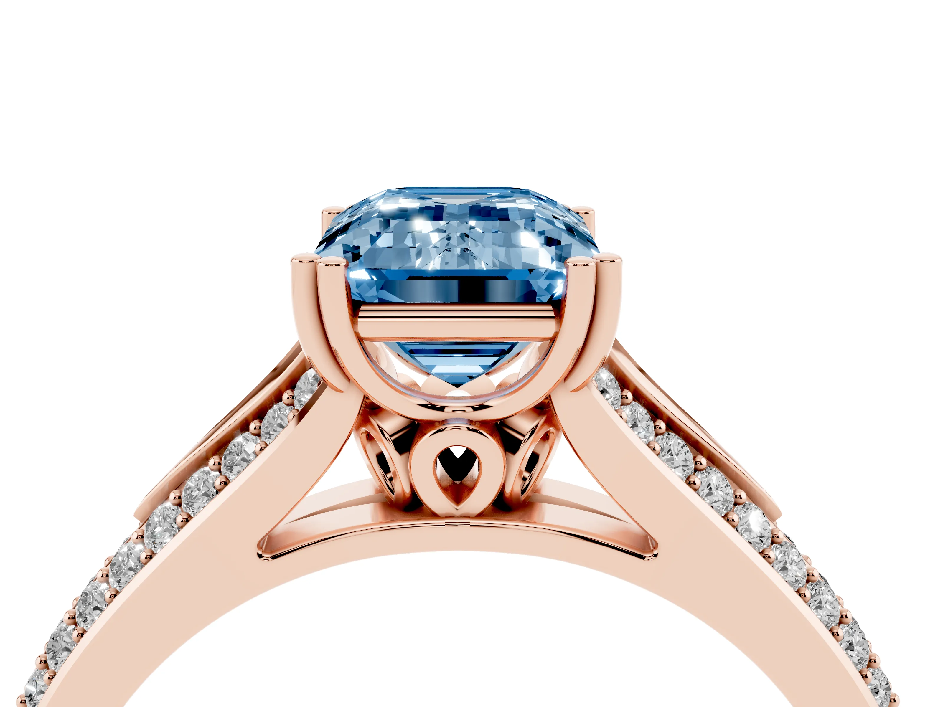 Fancy Blue Emerald Cut Diamond Split Shank Pavé Engagement Ring Set in Rose gold with Prong-Set Center Stone