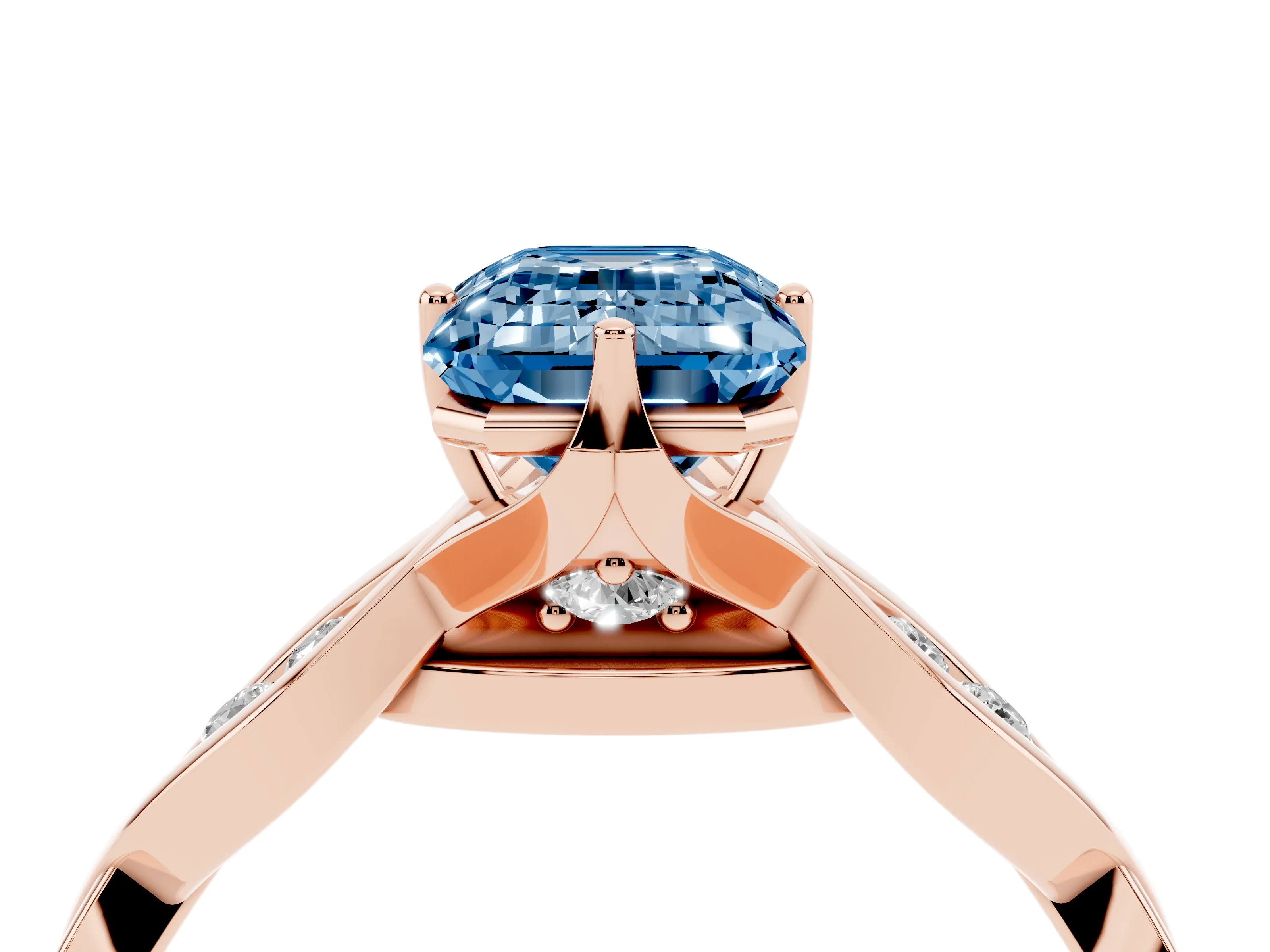Fancy Blue Emerald Cut Diamond Twist Band Solitaire Ring Set in Rose gold with Leaf Prong Setting and Accent Stones