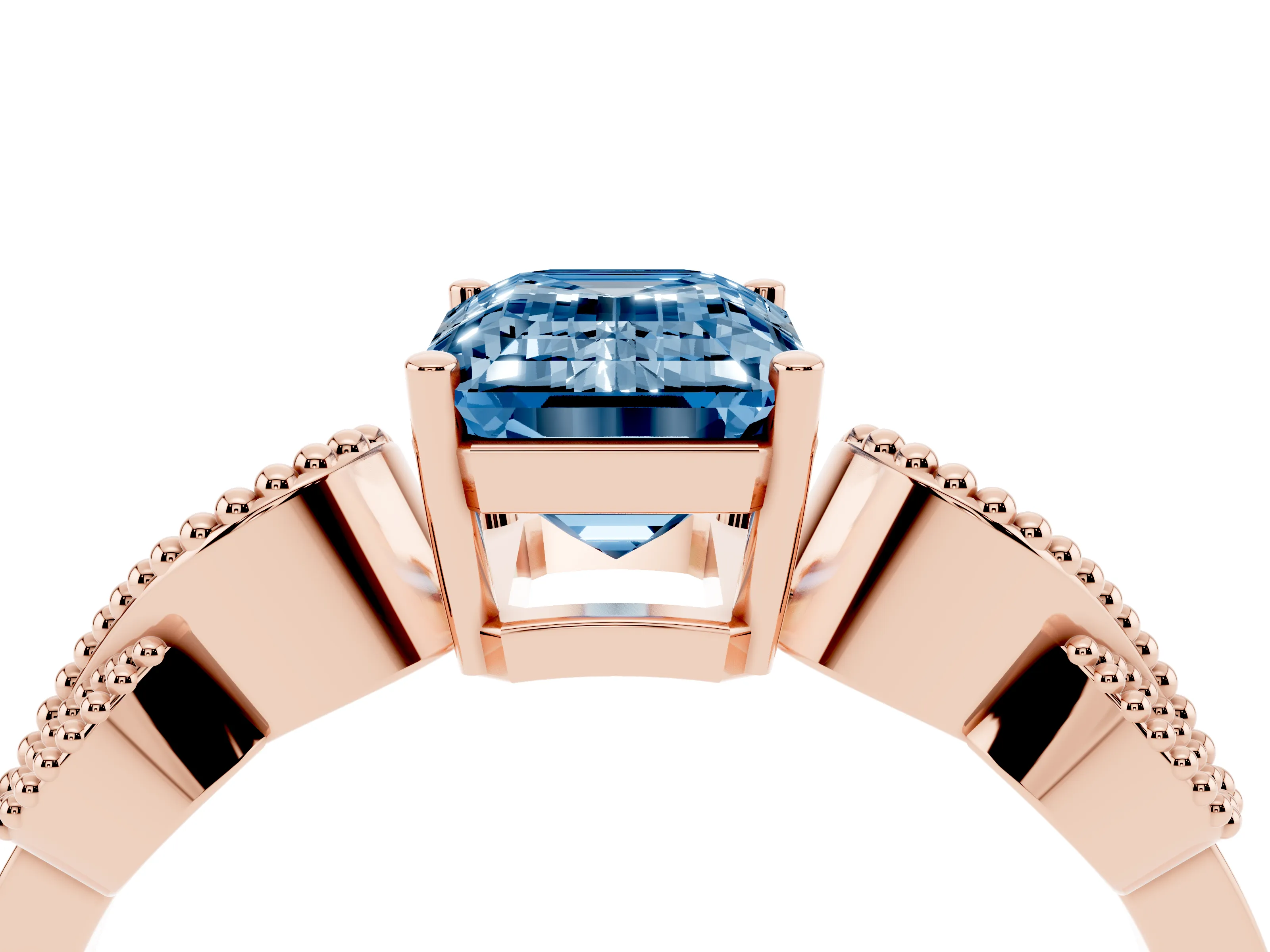 Fancy Blue Emerald Cut Diamond Milgrain Leaf Band Solitaire Ring Set in Rose gold with Accent Stones and Prong Setting