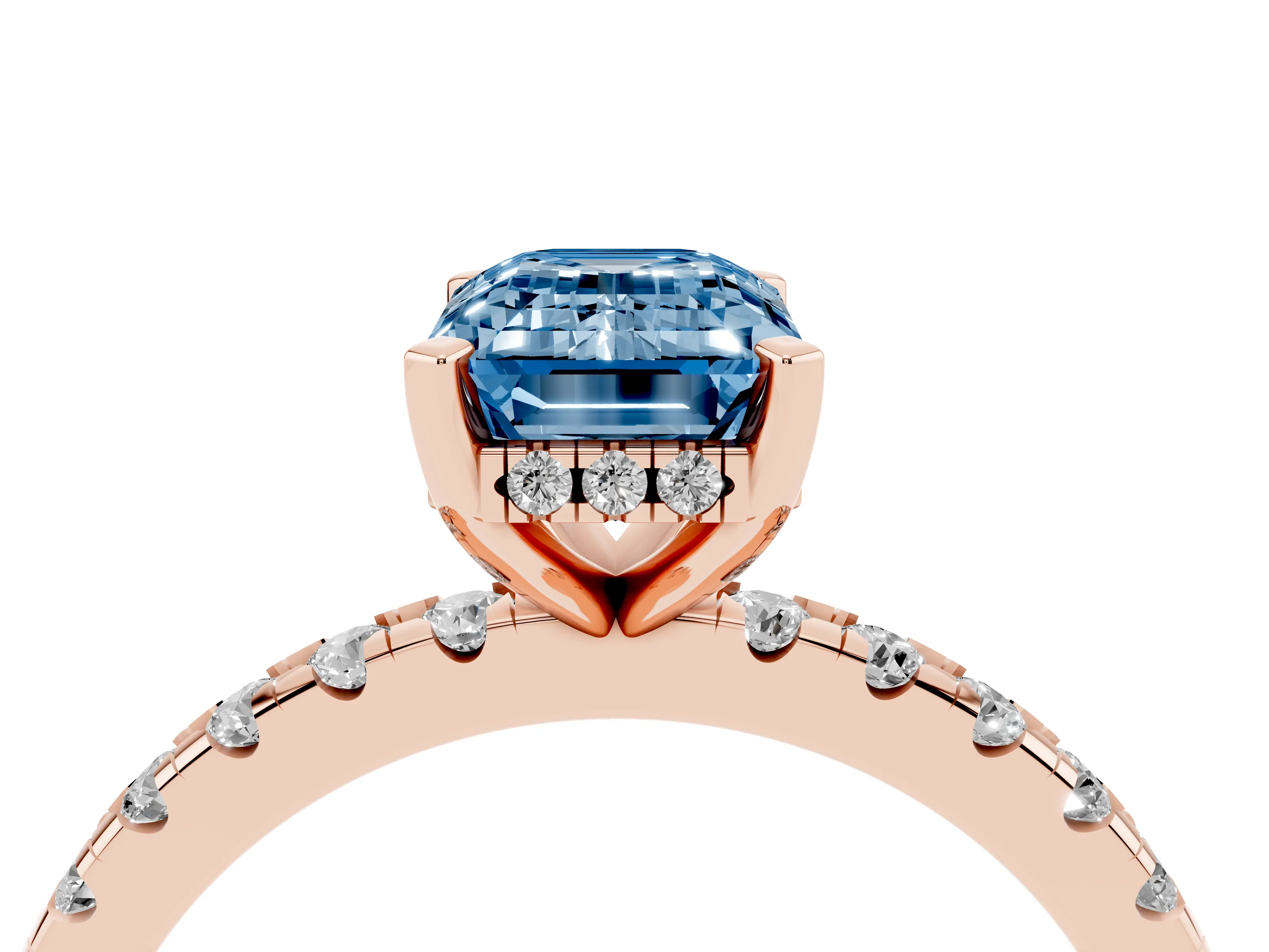 Fancy Blue Emerald Cut Diamond Pavé Solitaire Ring Set in Rose gold with Round Band Accents and Prong Setting