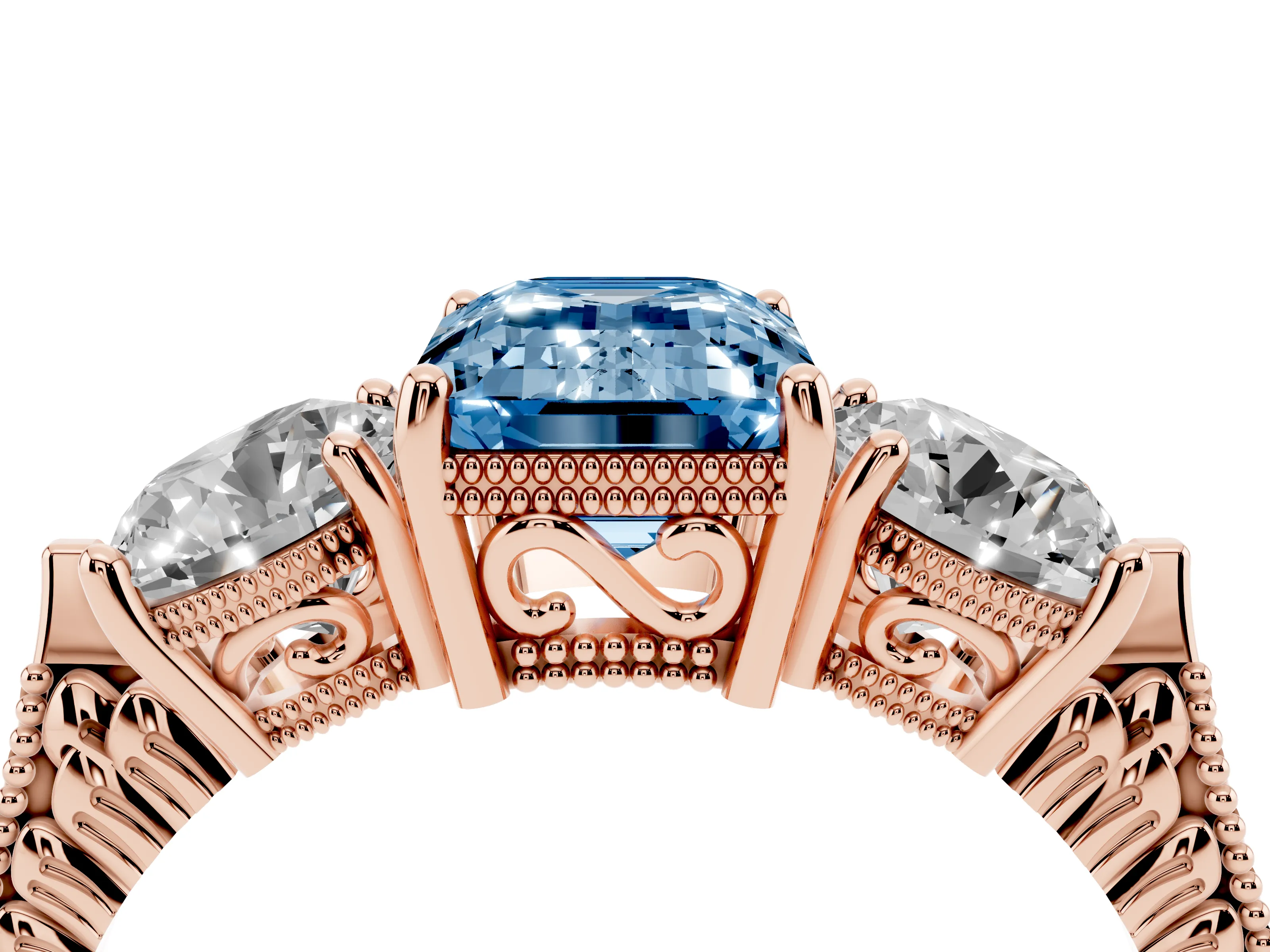 Fancy Blue Emerald Cut Diamond Three-Stone Ring Set in Rose gold with Milgrain Band