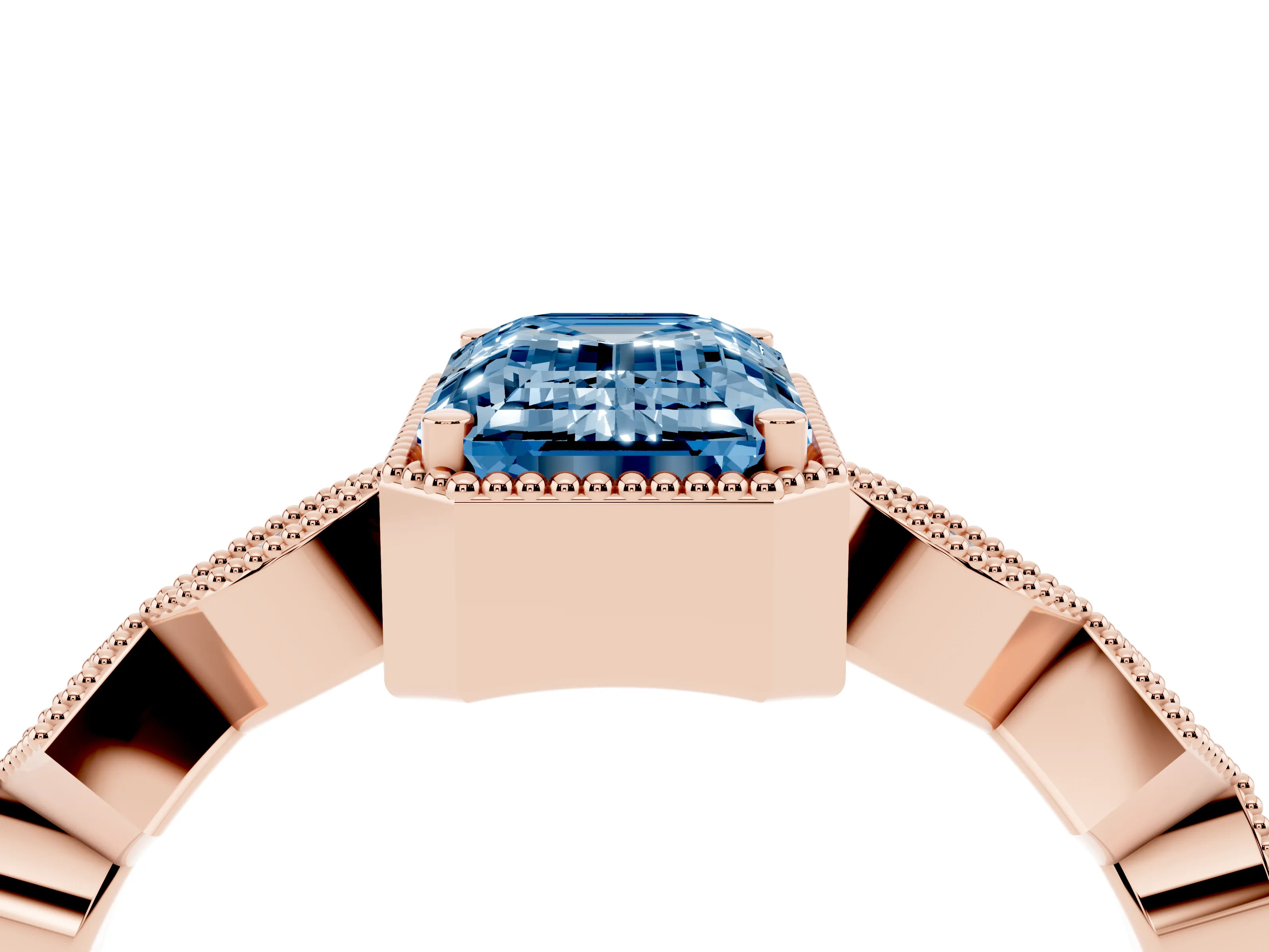 Fancy Blue Emerald Cut Diamond Milgrain Marquise Twist Band Ring Set in Rose gold with Prong Setting
