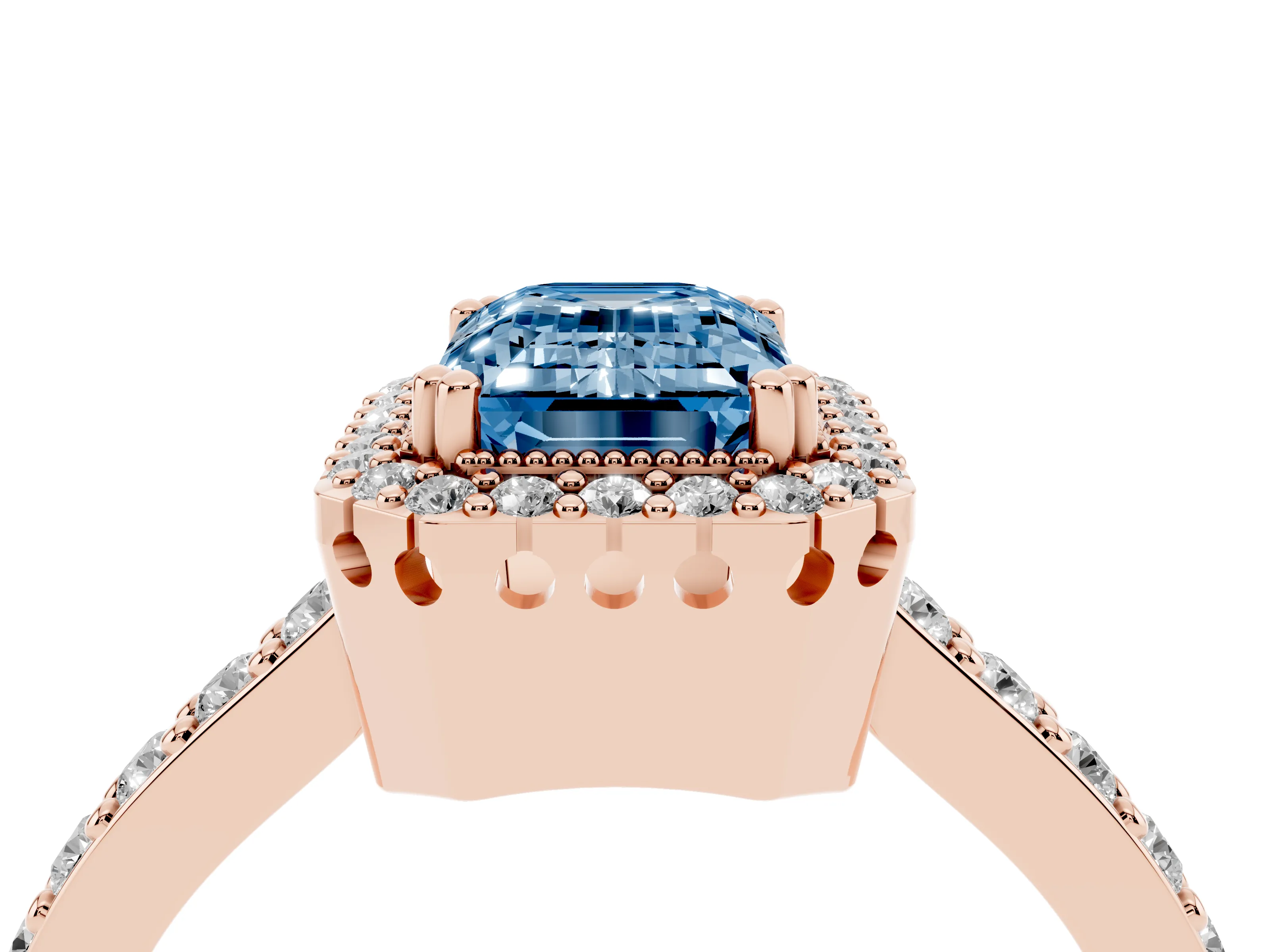 Fancy Blue Emerald Cut Diamond Halo Engagement Ring Set in Rose gold with Milgrain Detail and Pavé Band