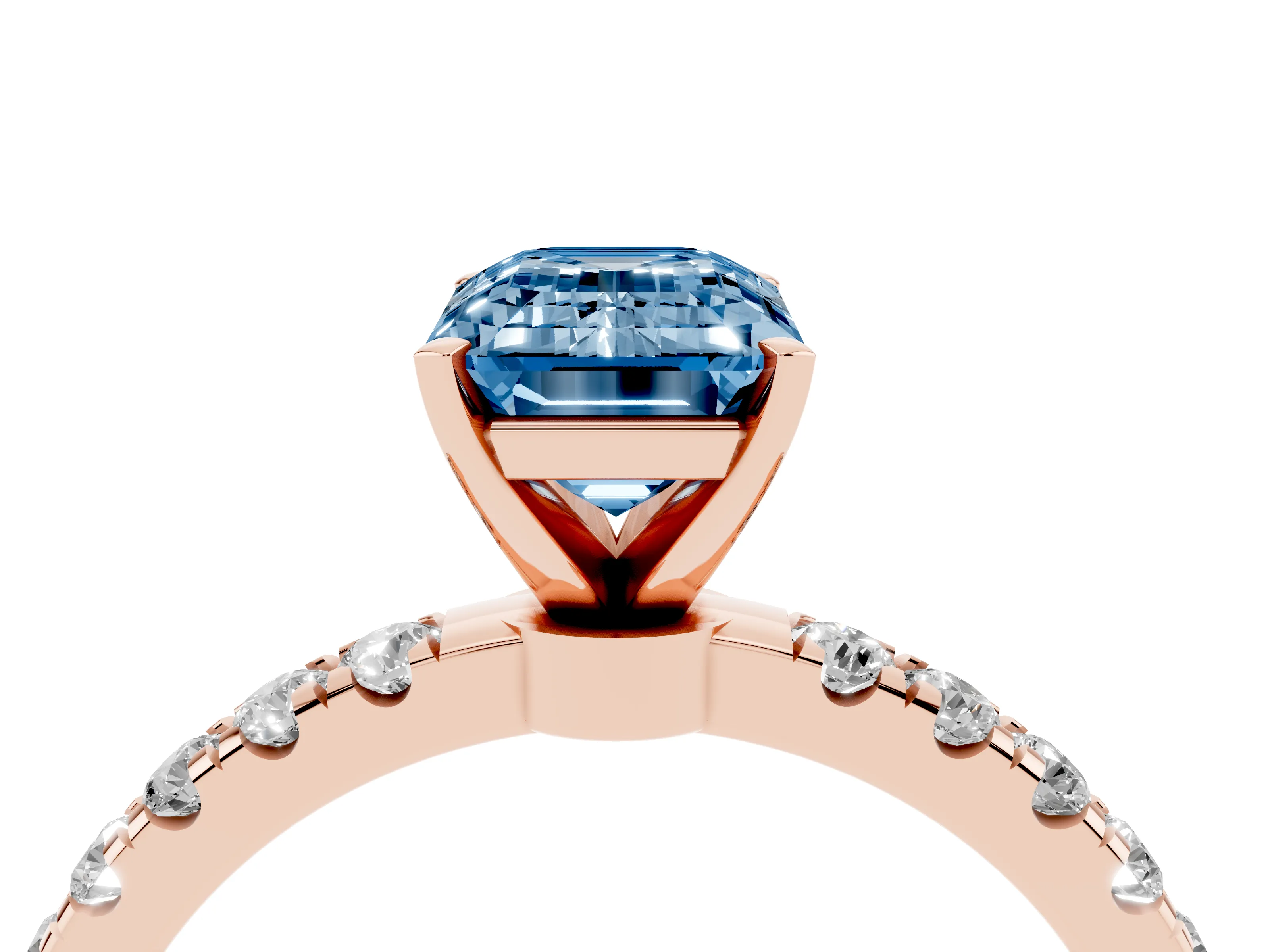 Fancy Blue Emerald Cut Diamond Solitaire Ring Set in Rose gold with Pavé Accents and Prong Setting