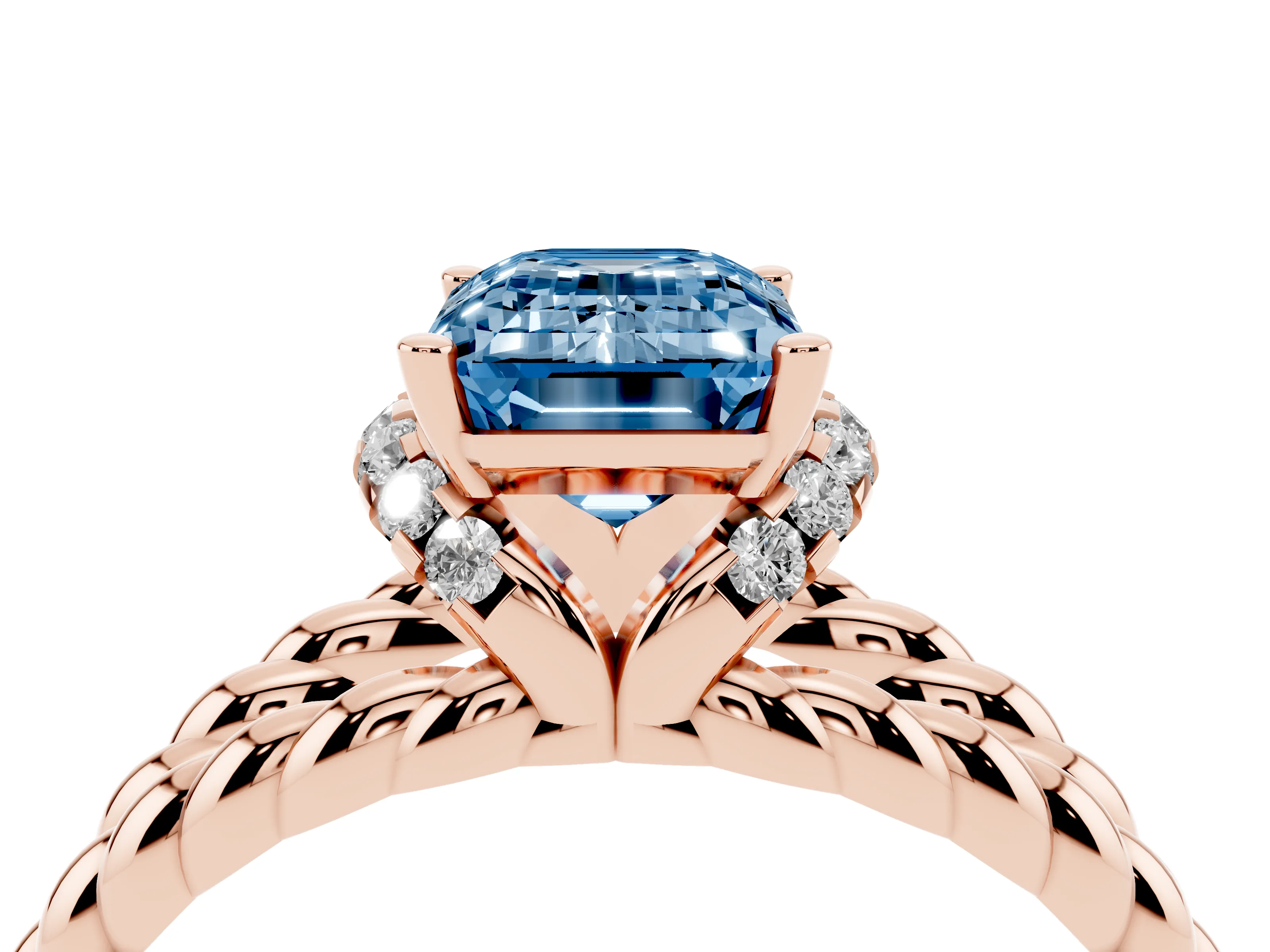 Fancy Blue Emerald Cut Diamond Halo Ring Set in Rose gold with Twisted Band and Prong Setting