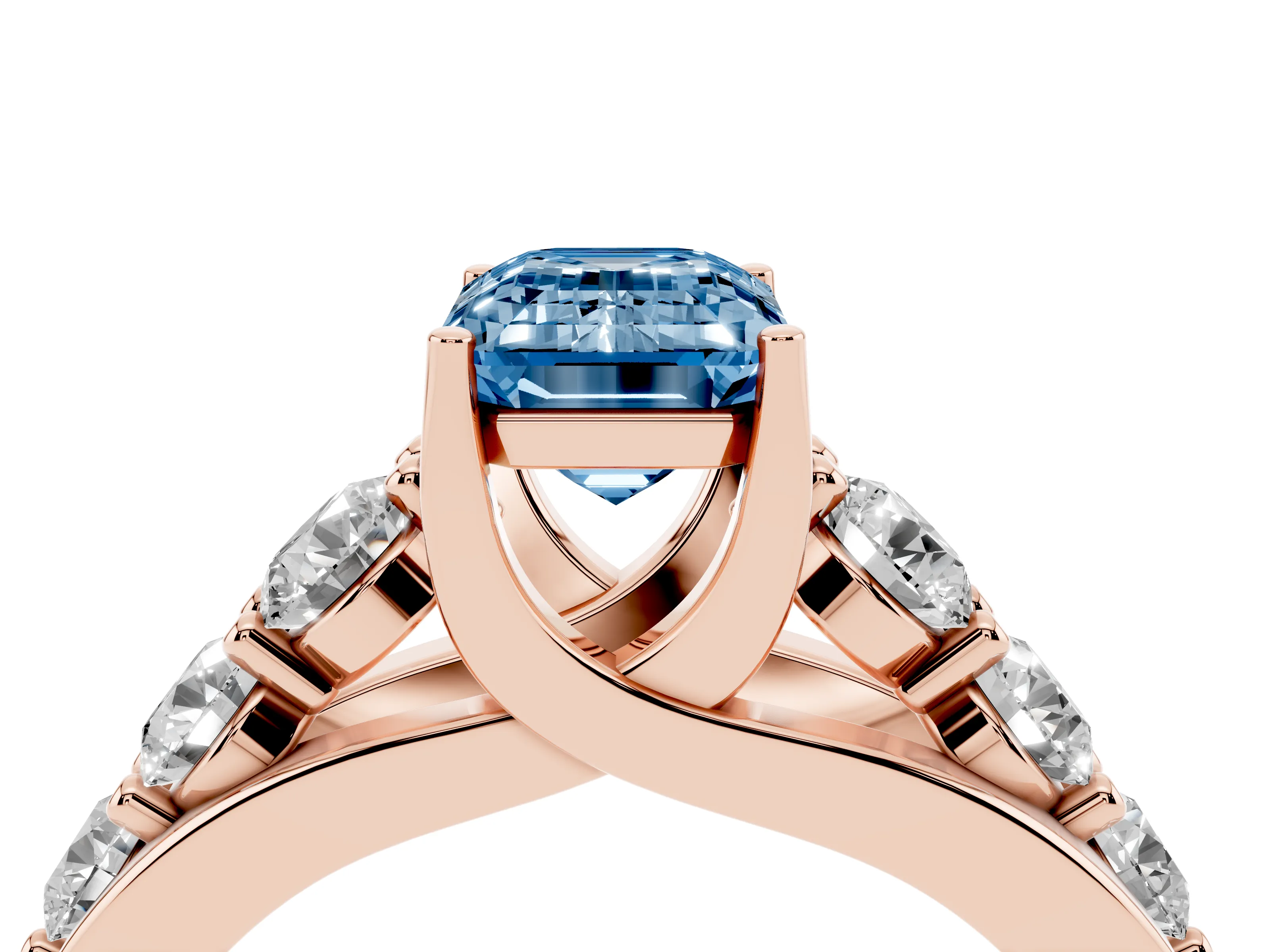 Fancy Blue Emerald Cut Diamond Pavé Engagement Ring Set in Rose gold with Prong Setting