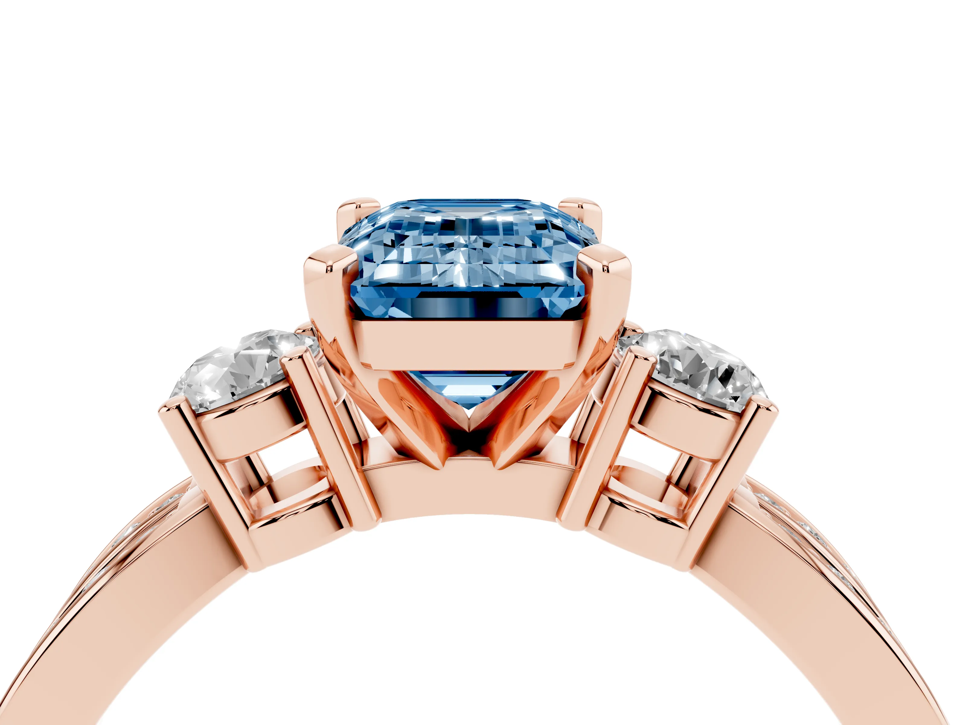 Fancy Blue Three-Stone Emerald Cut Diamond Twist Band Ring Set in Rose gold with Pavé Accents and Prong Setting