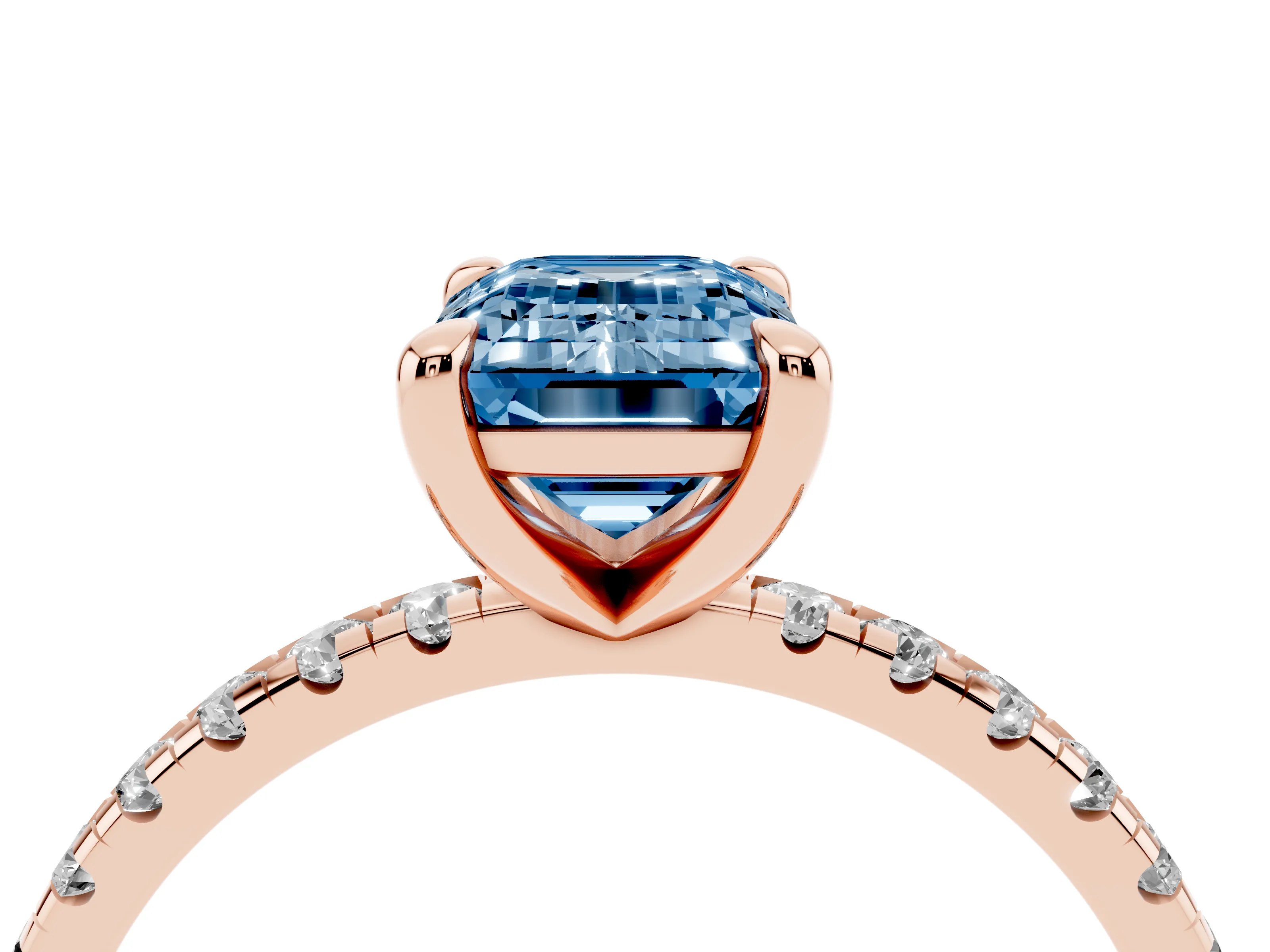 Fancy Blue Emerald Cut Diamond Brilliant Solitaire Ring Set in Rose gold with Pavé Band and Prong Setting