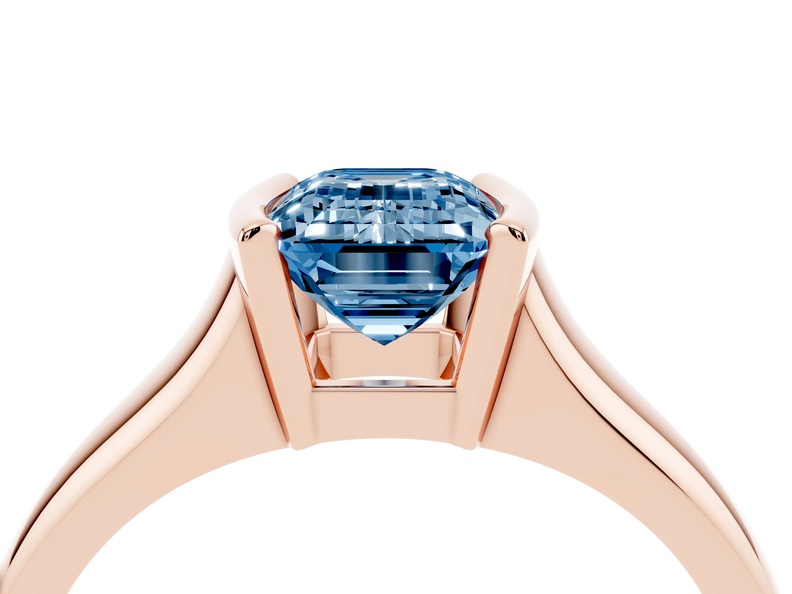 Fancy Blue Emerald Cut Diamond Solitaire Tension Set Ring Set in Rose gold with Split Shank Band