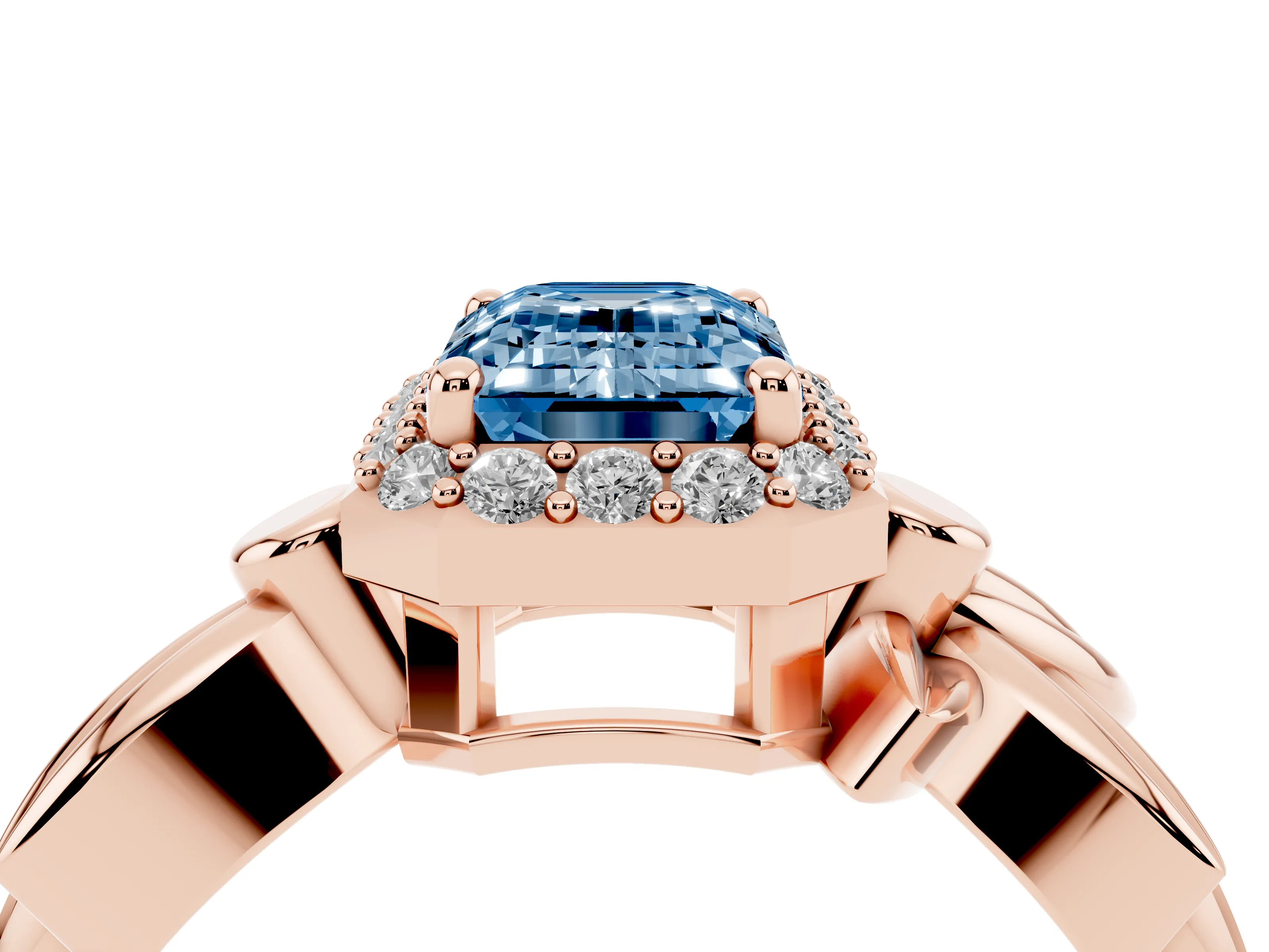 Fancy Blue Emerald Cut Diamond Halo Floral Band Ring Set in Rose gold with Prong Setting