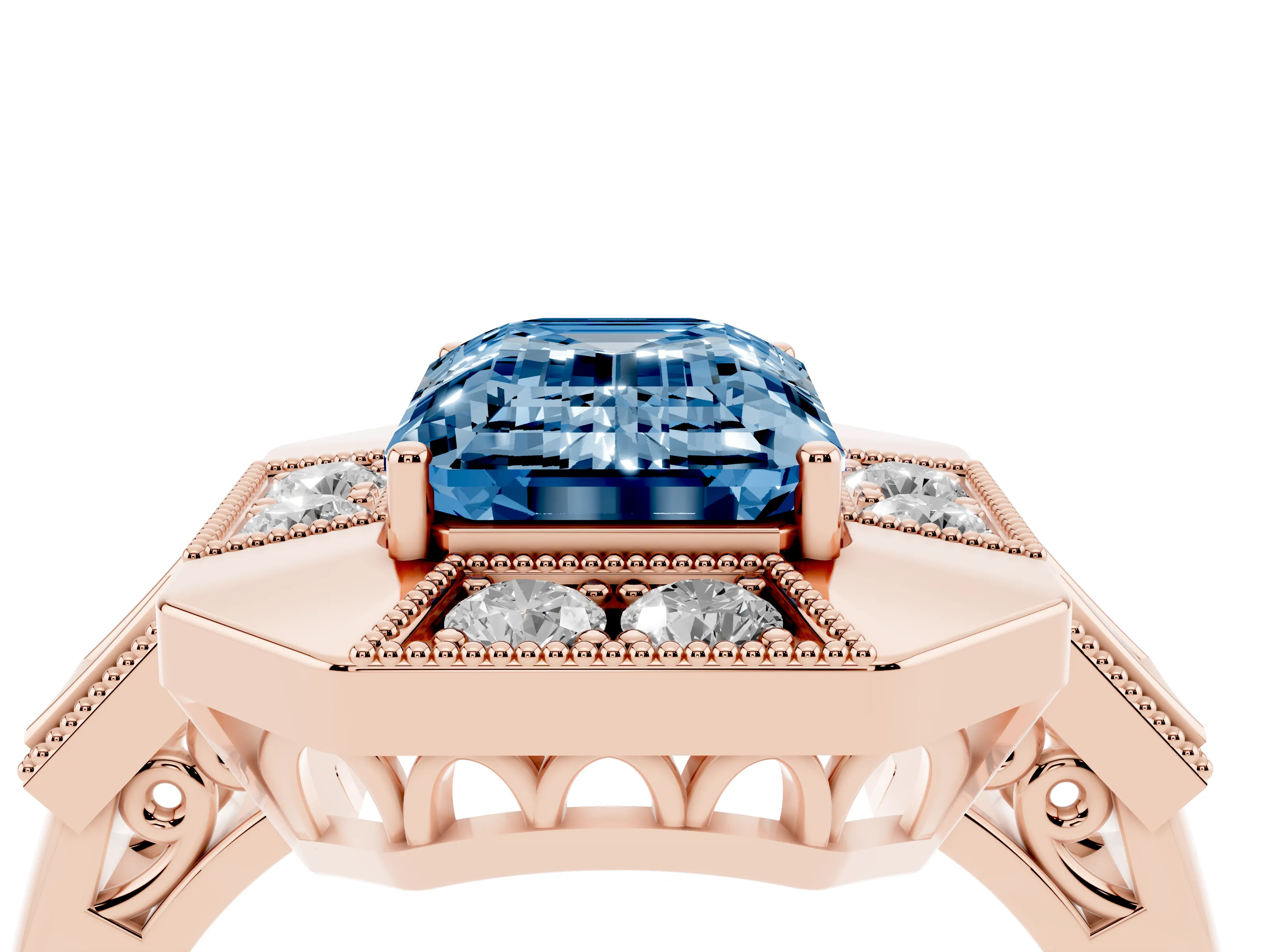 Fancy Blue Emerald Cut Diamond Milgrain Halo Ring Set in Rose gold with Split Shank