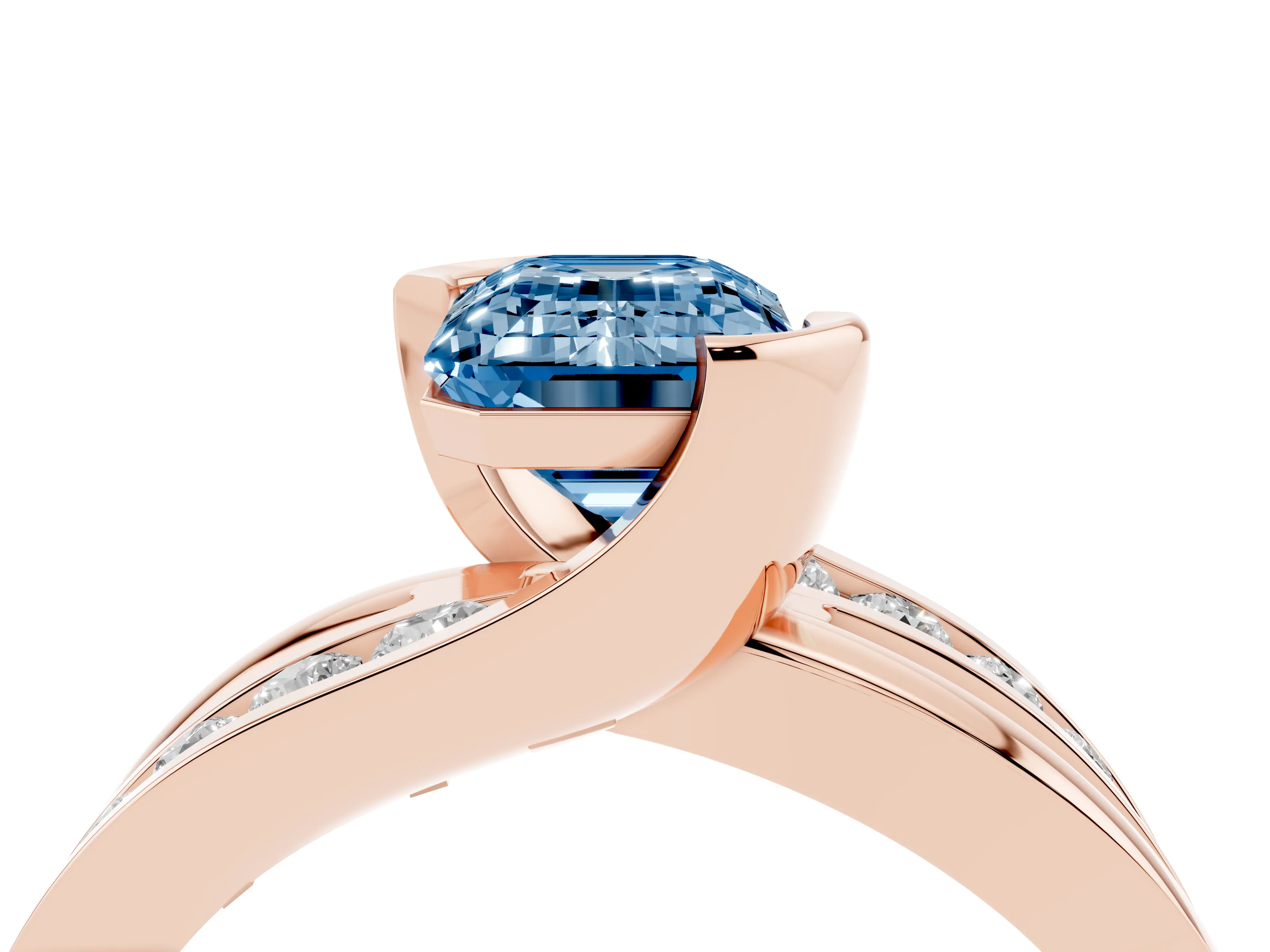 Fancy Blue Emerald Cut Diamond Solitaire Ring Set in Rose gold with Channel Set Split Shank and Tension Prongs