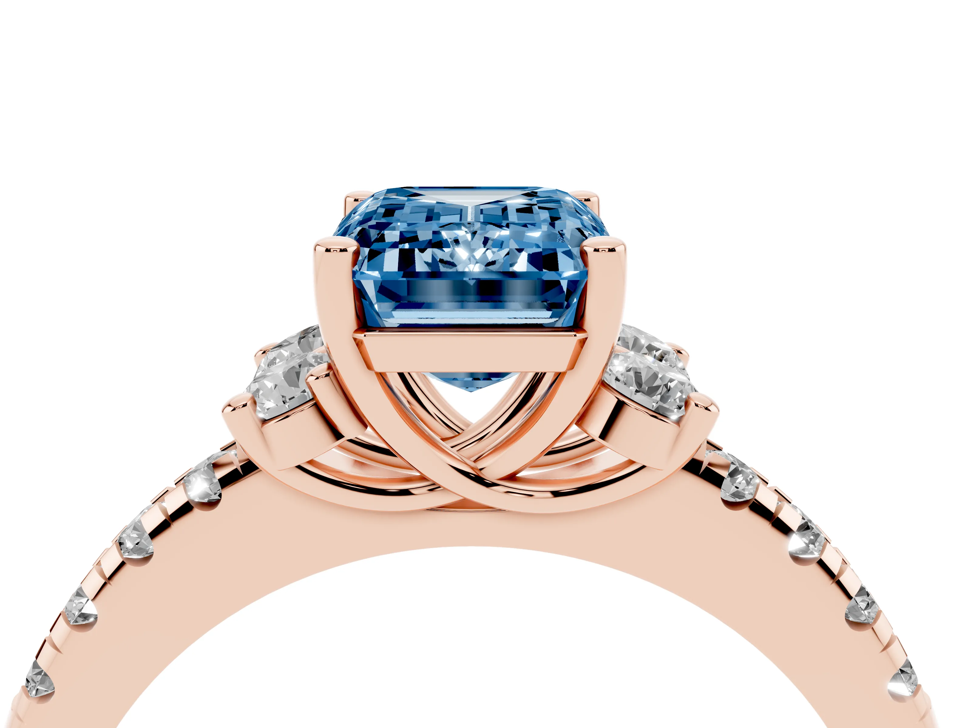 Fancy Blue Emerald Cut Diamond Three-Stone Pavé Ring Set in Rose gold with Prong Setting