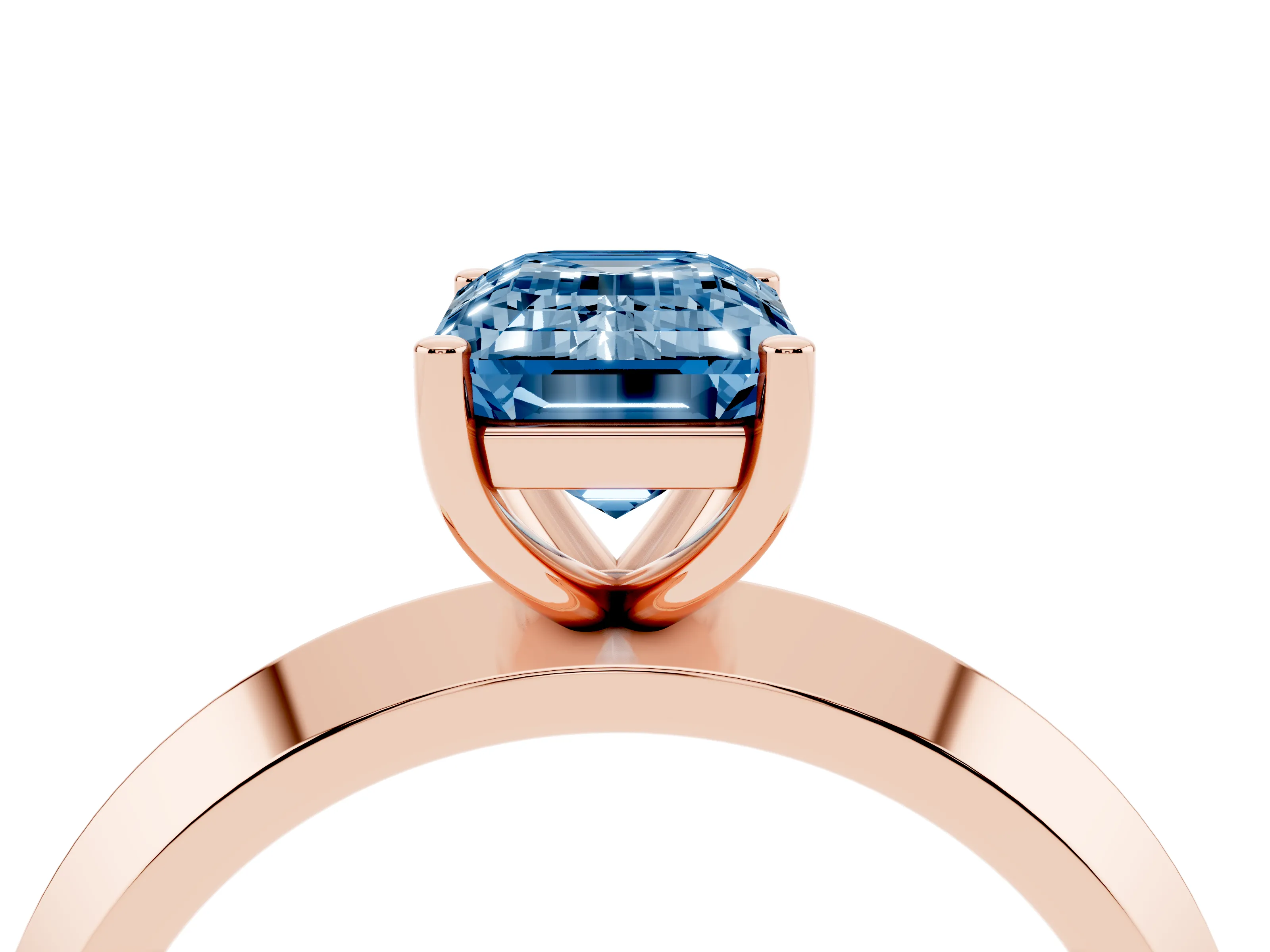 Fancy Blue Emerald Cut Diamond Solitaire Engagement Ring Set in Rose gold with Flat Band and Prong Setting
