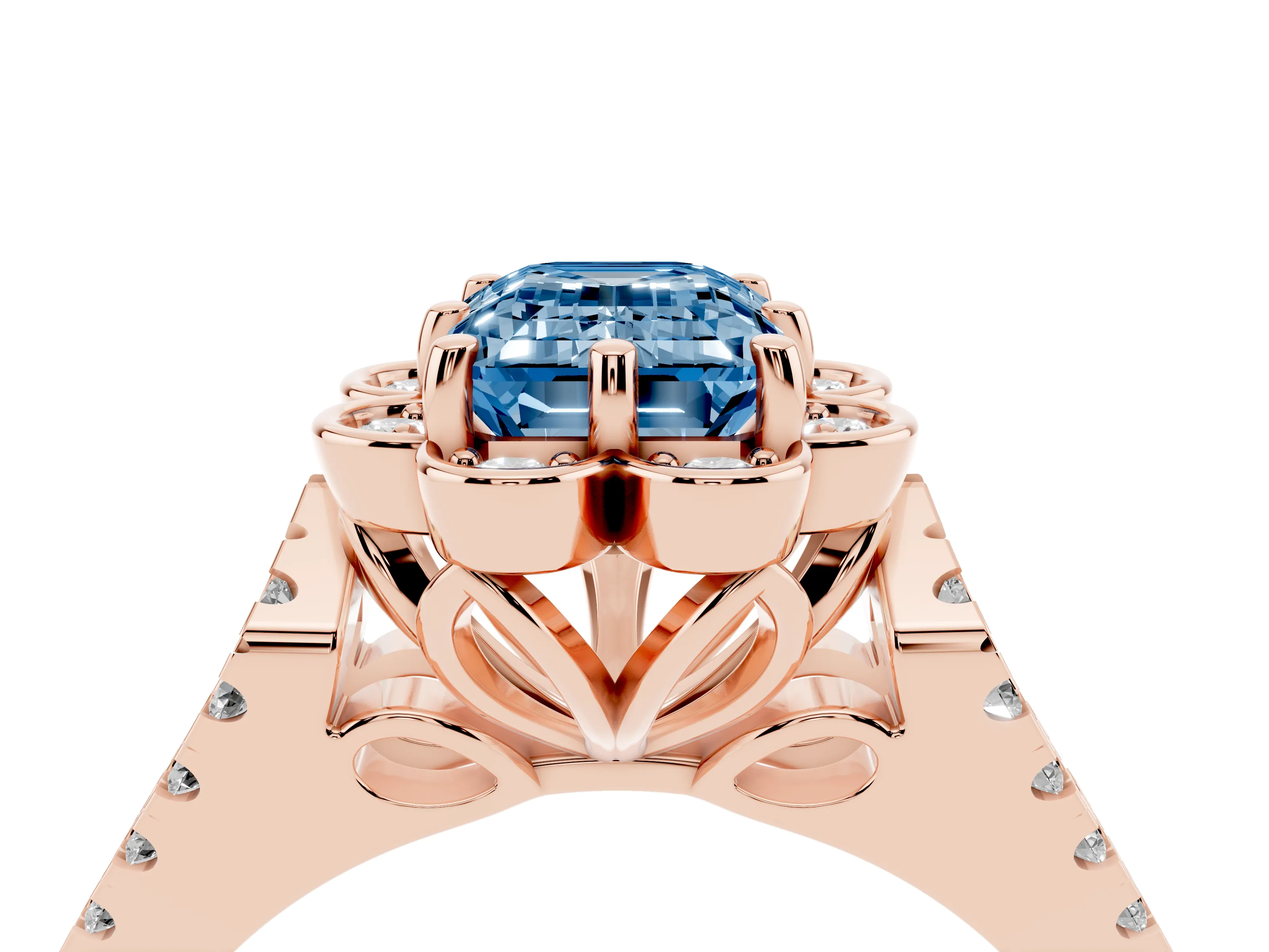 Fancy Blue Emerald Cut Diamond Floral Halo Split Shank Engagement Ring Set in Rose gold with Pavé Shank
