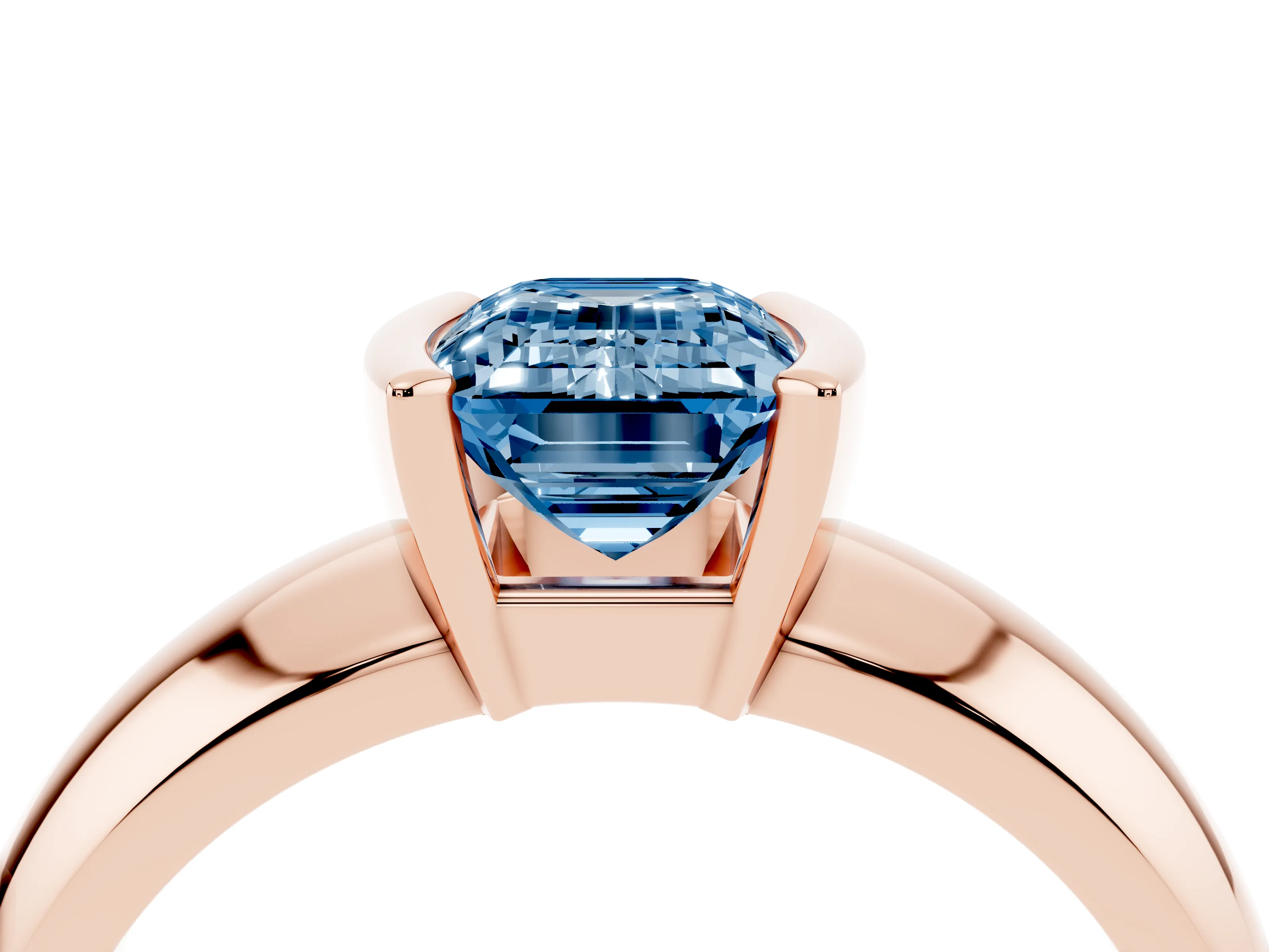 Fancy Blue Emerald Cut Diamond Solitaire Tension Set Ring Set in Rose gold with Wide Band