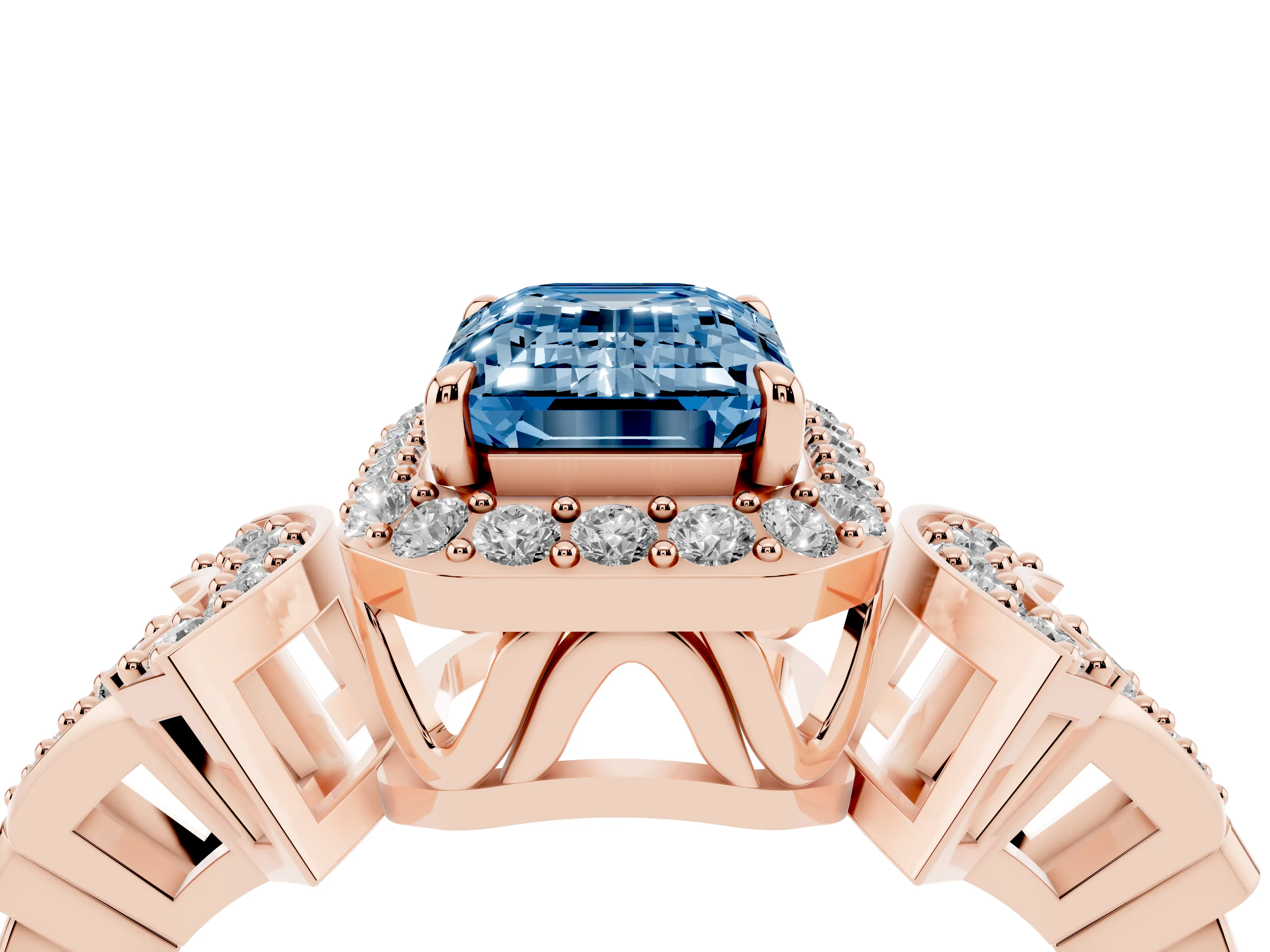 Fancy Blue Emerald Cut Diamond Halo Engagement Ring Set in Rose gold with Accent Stone Split Shank