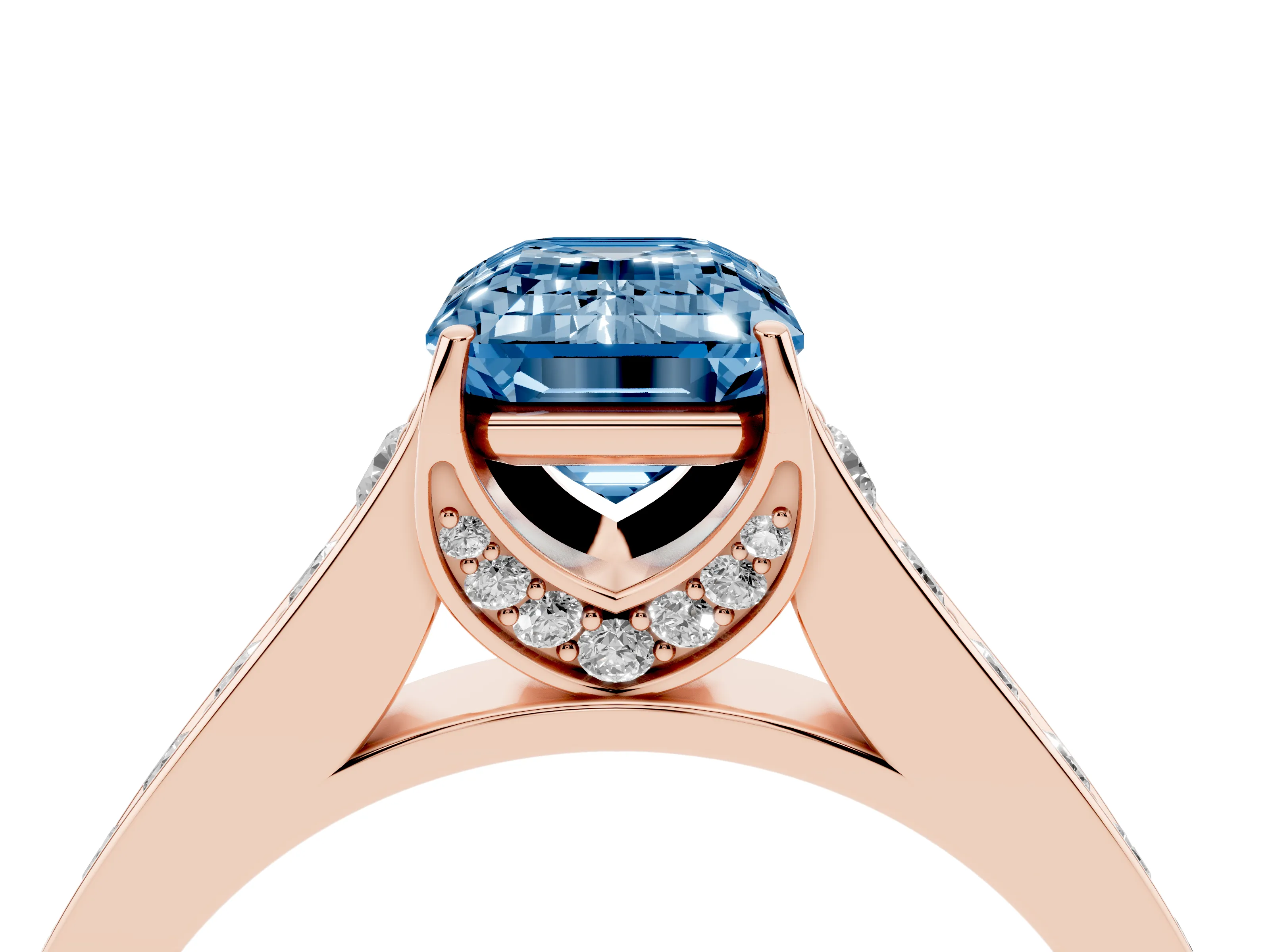 Fancy Blue Emerald Cut Diamond Solitaire Pavé Engagement Ring Set in Rose gold with Prong Setting