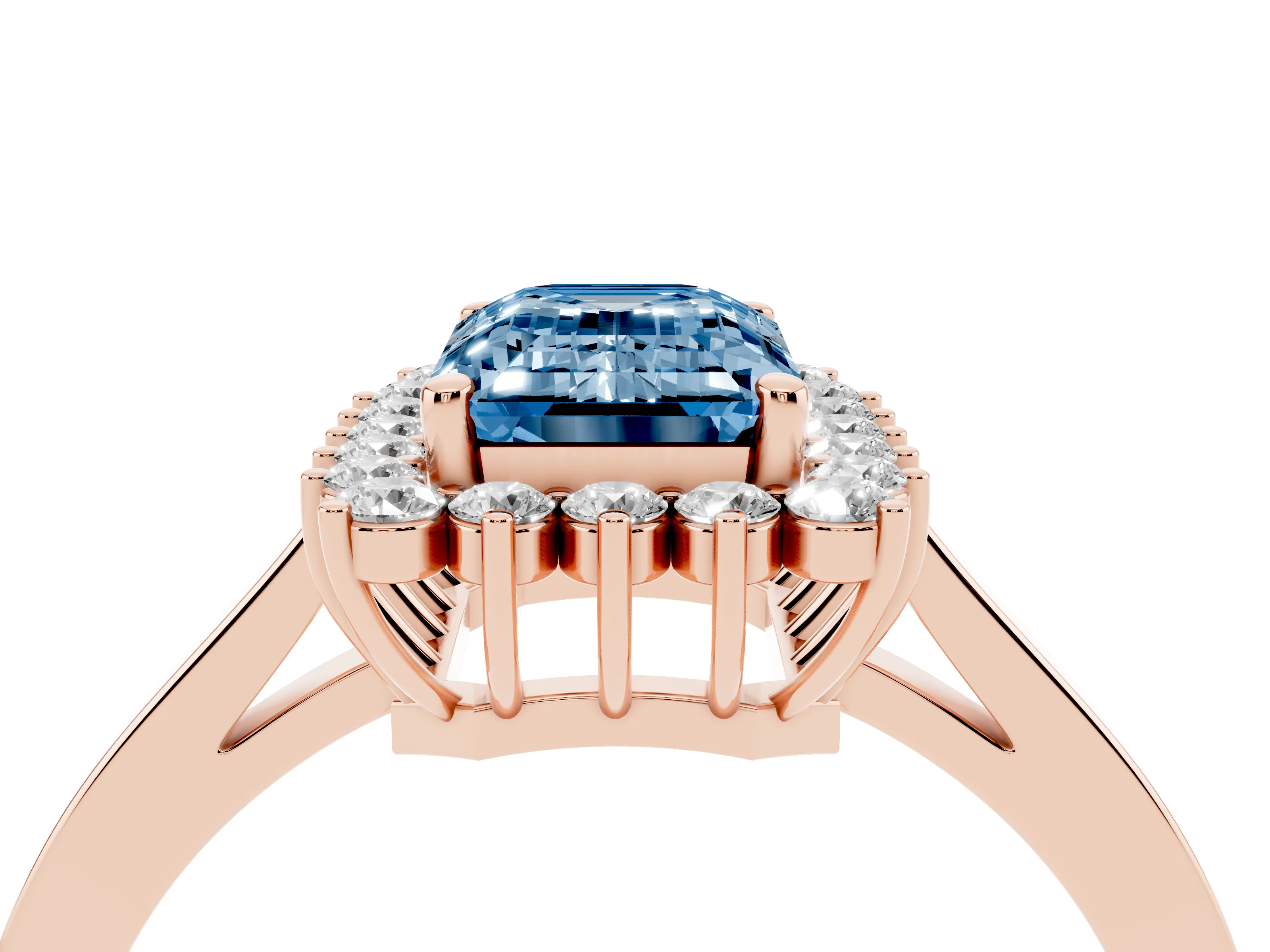 Fancy Blue Emerald Cut Diamond Halo Ring Set in Rose gold with Round Halo and Smooth Solitaire Band