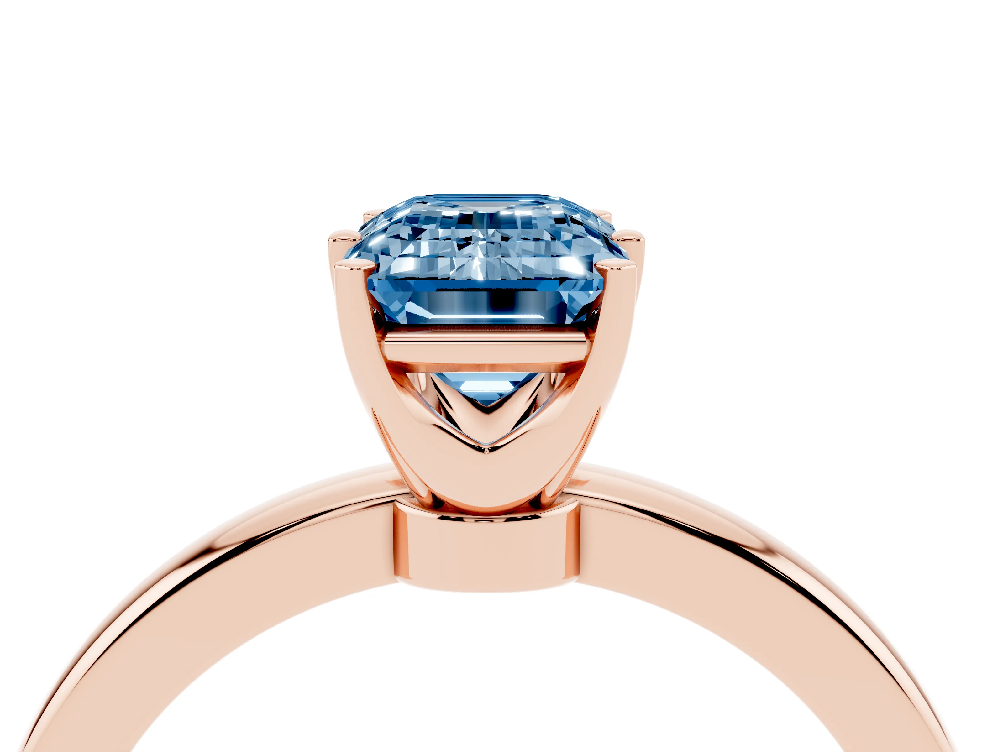 Fancy Blue Emerald Cut Diamond Solitaire Ring Set in Rose gold with Raised Prong Setting on a Classic Band
