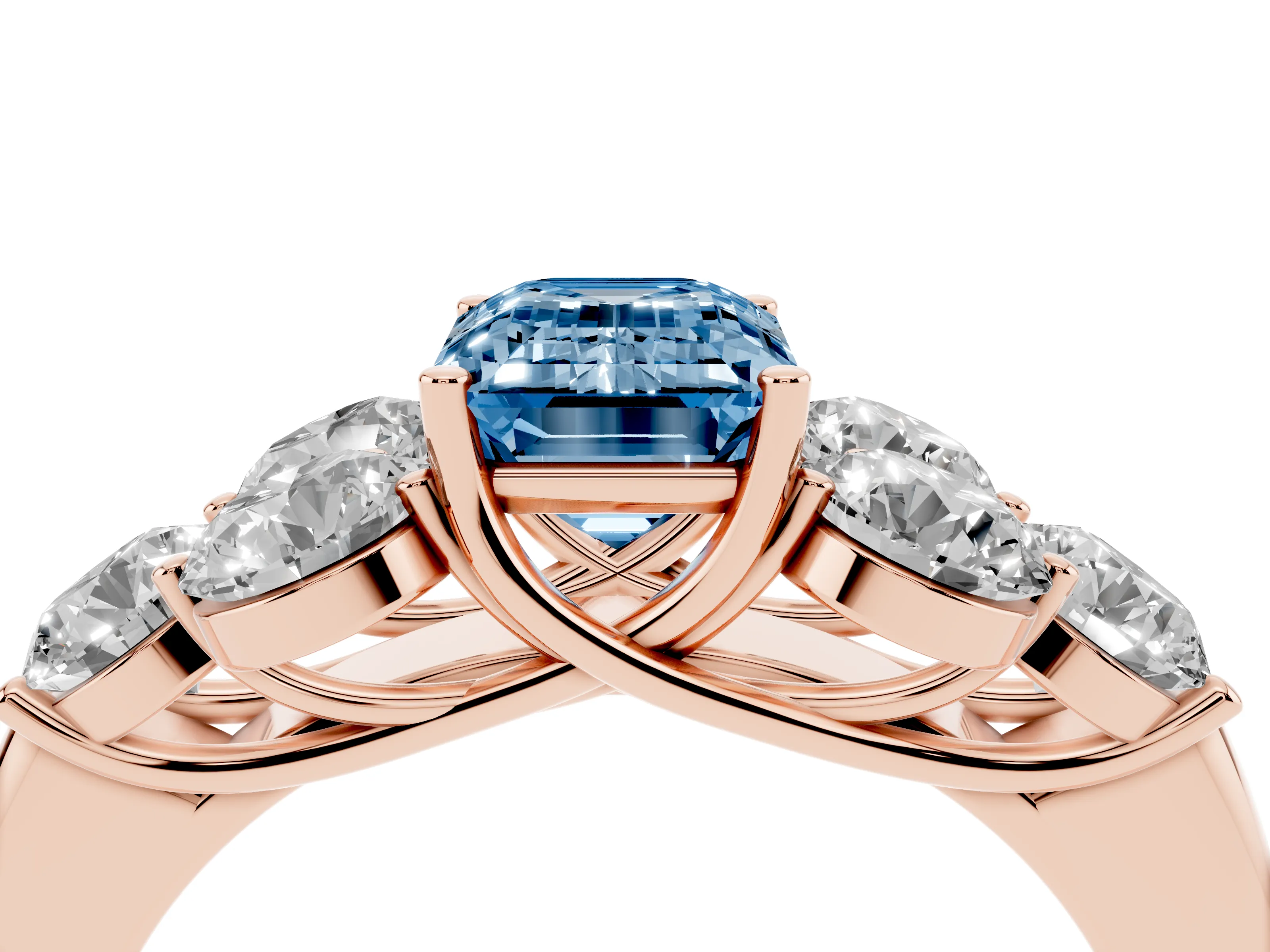 Fancy Blue Emerald Cut Diamond Cluster Ring Set in Rose gold with Round Accent Stones and Prong Setting on a Plain Band