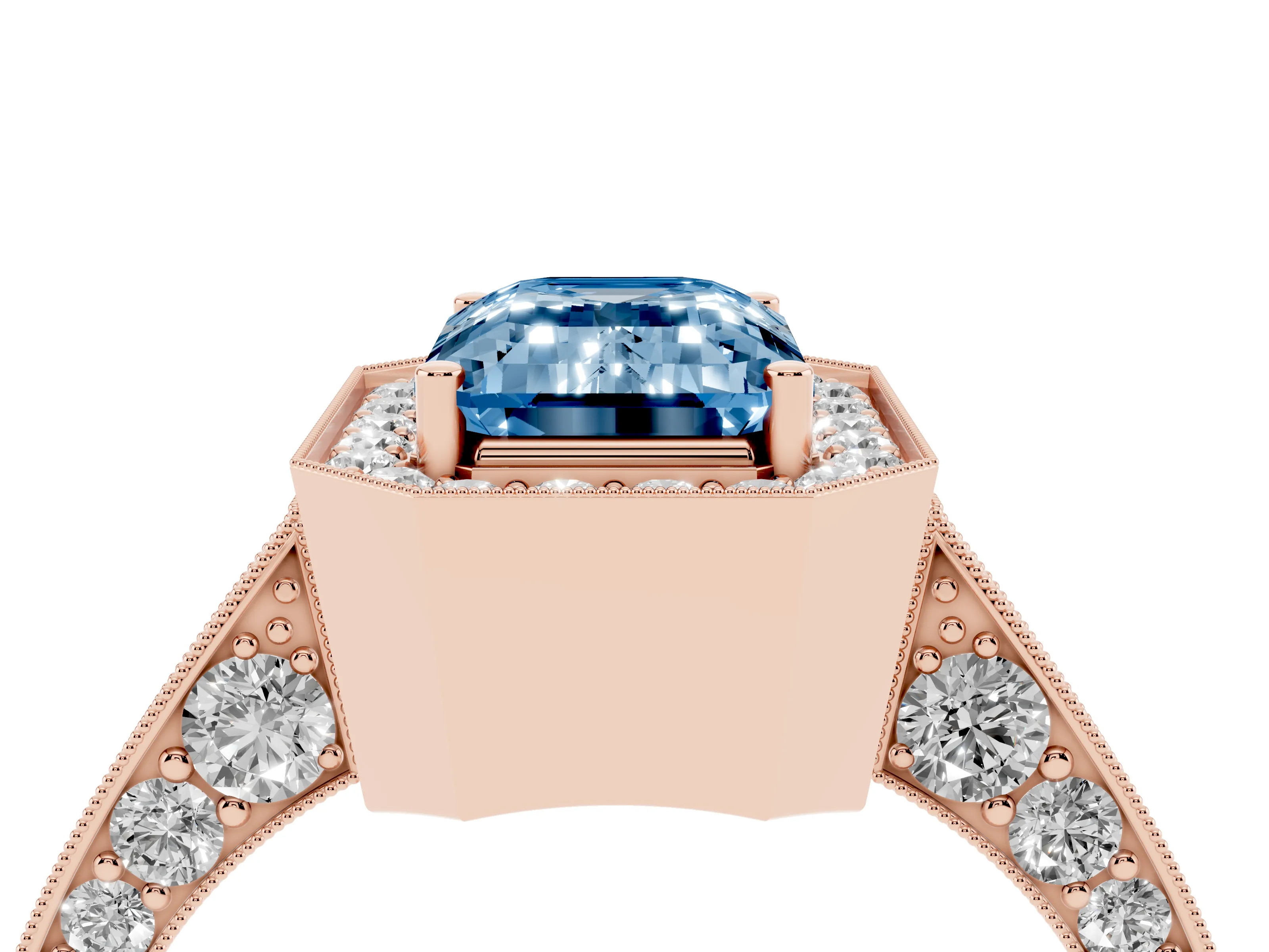 Fancy Blue Emerald Cut Diamond Halo Engagement Ring Set in Rose gold with Accent Split Shank Band