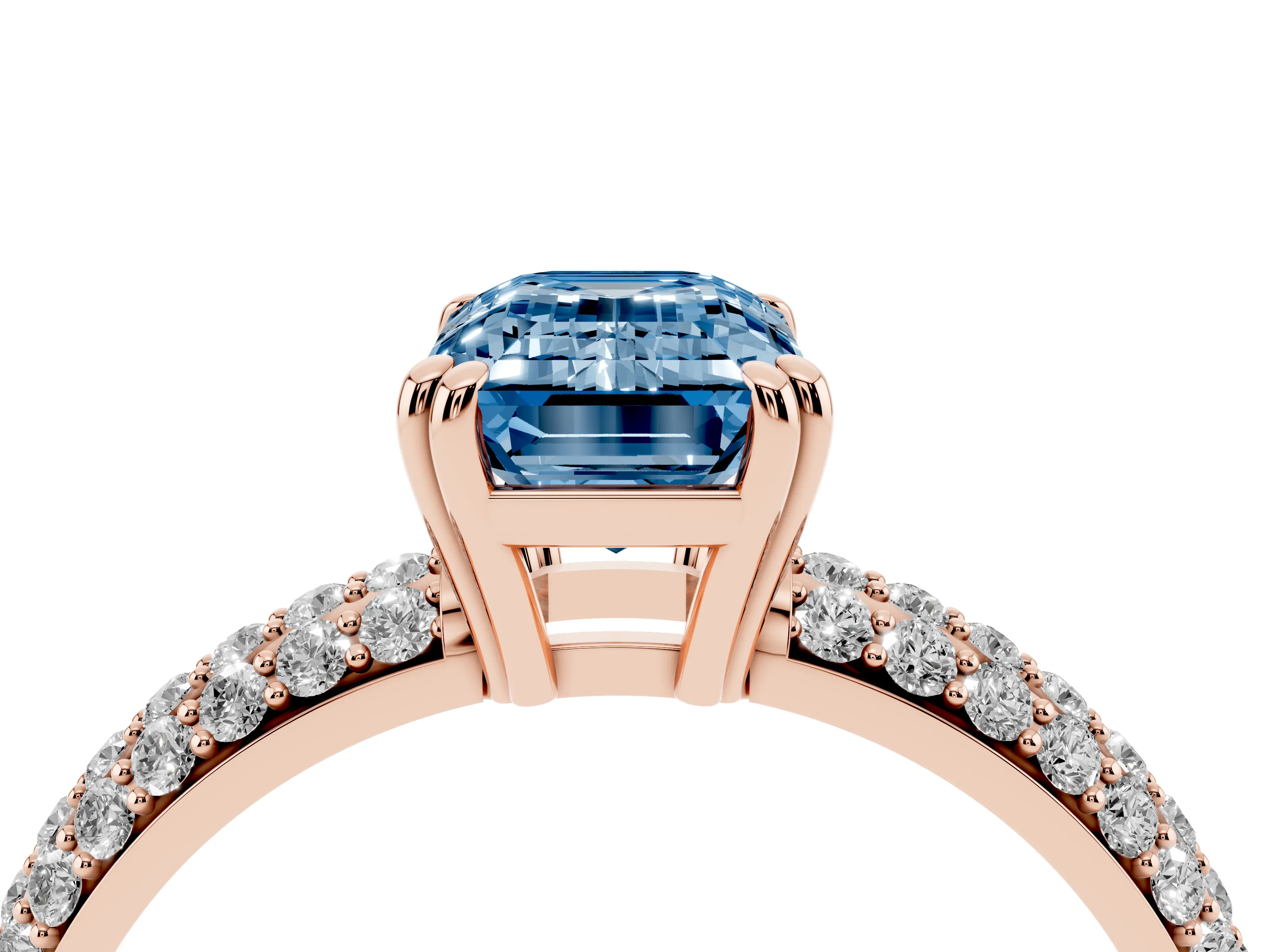 Fancy Blue Emerald Cut Diamond Solitaire Ring Set in Rose gold with Multi-Row Round Pavé Band and Prong Setting