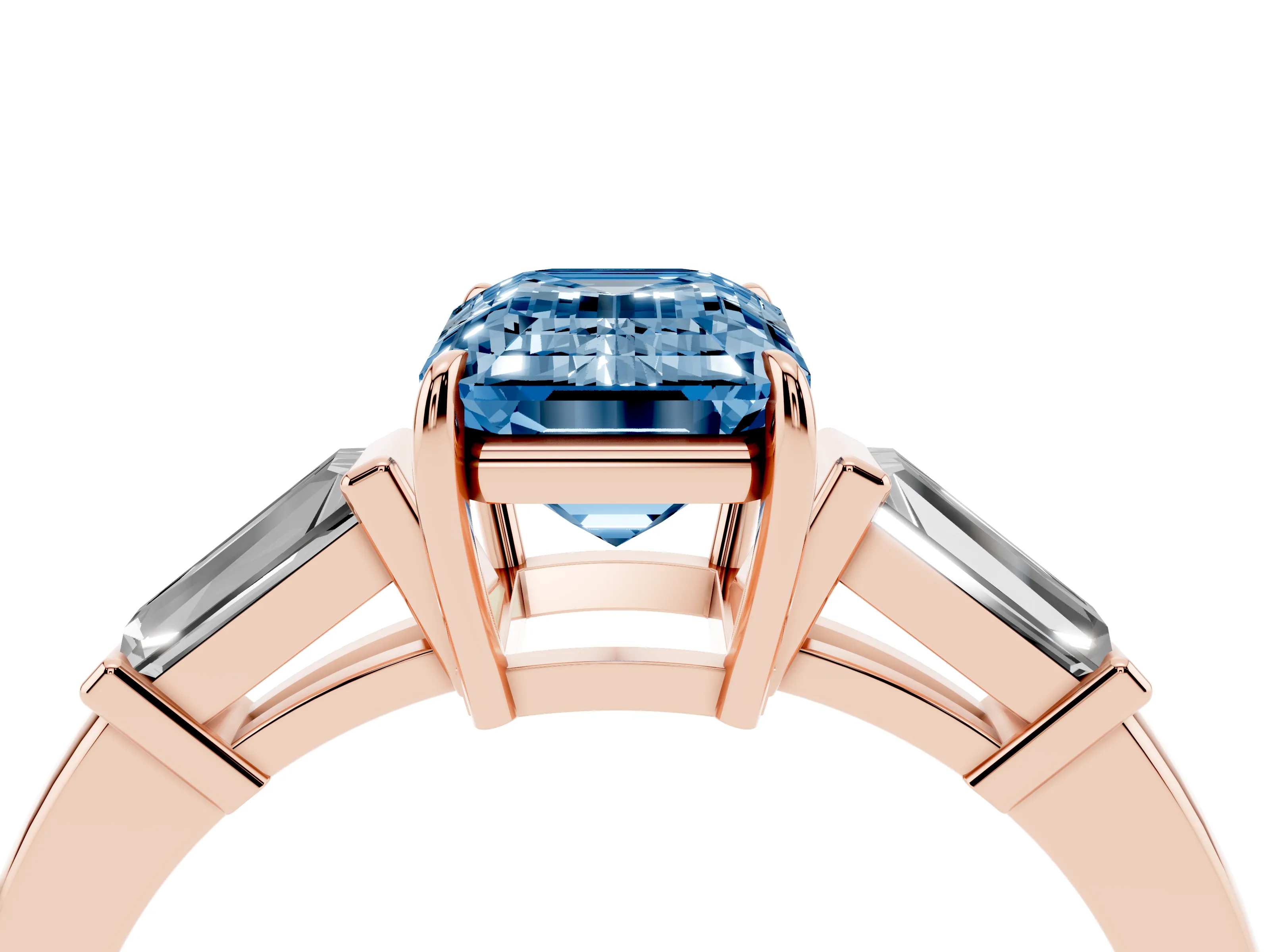 Fancy Blue Emerald Cut Diamond Three-Stone Ring Set in Rose gold with Tapered Baguette Side Stones and Prong Setting
