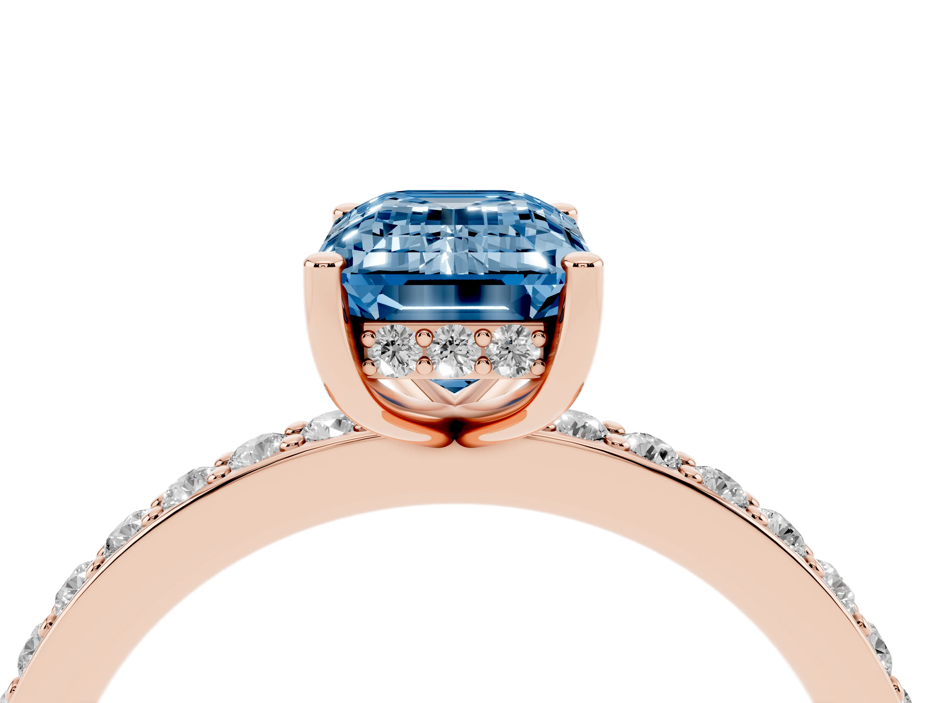 Fancy Blue Emerald Cut Diamond Pavé Band Ring Set in Rose gold with Prong-Set Center Stone