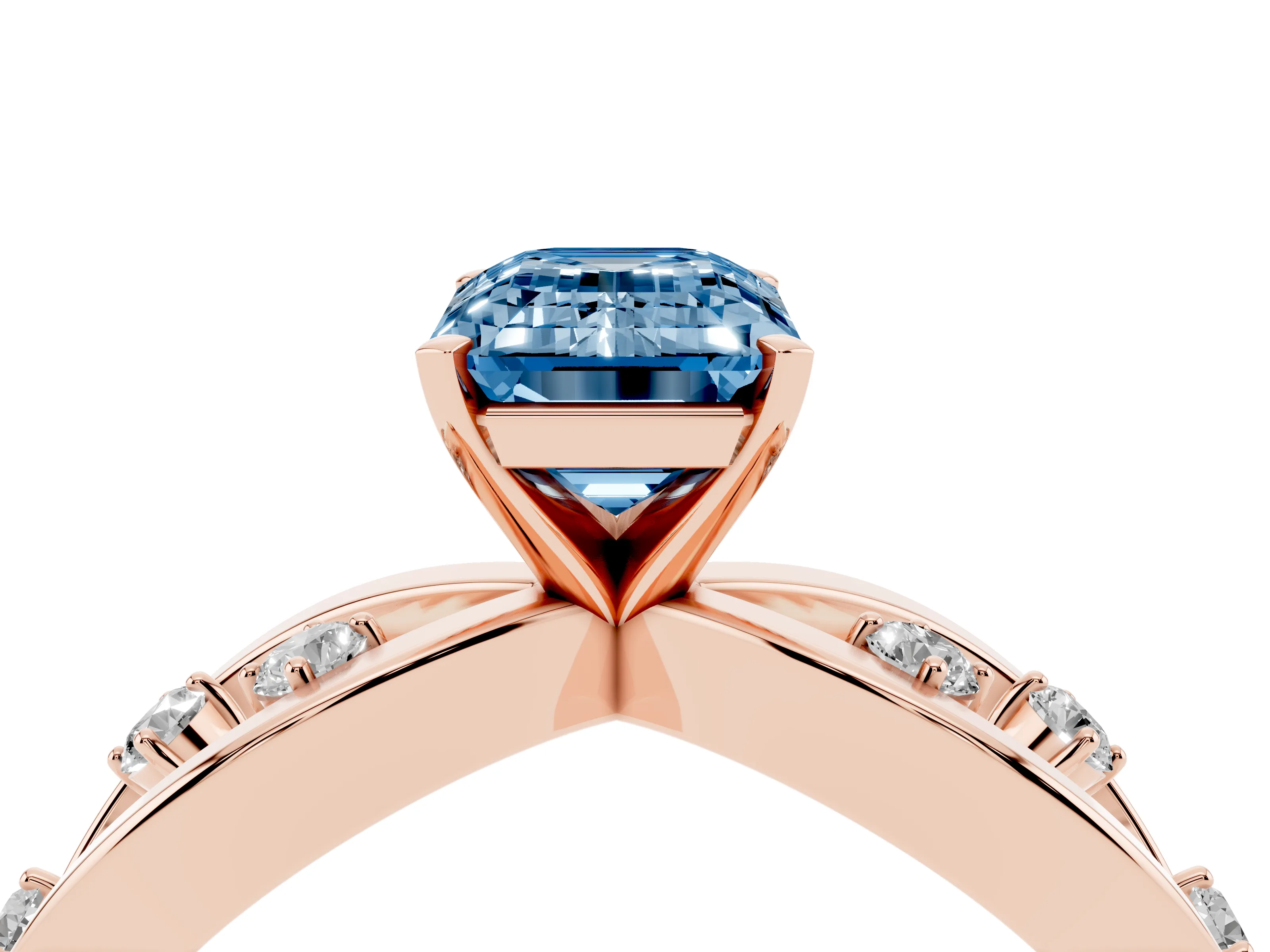 Fancy Blue Emerald Cut Diamond Solitaire Ring Set in Rose gold with Side Stones on Criss-Cross Band and Prong Setting
