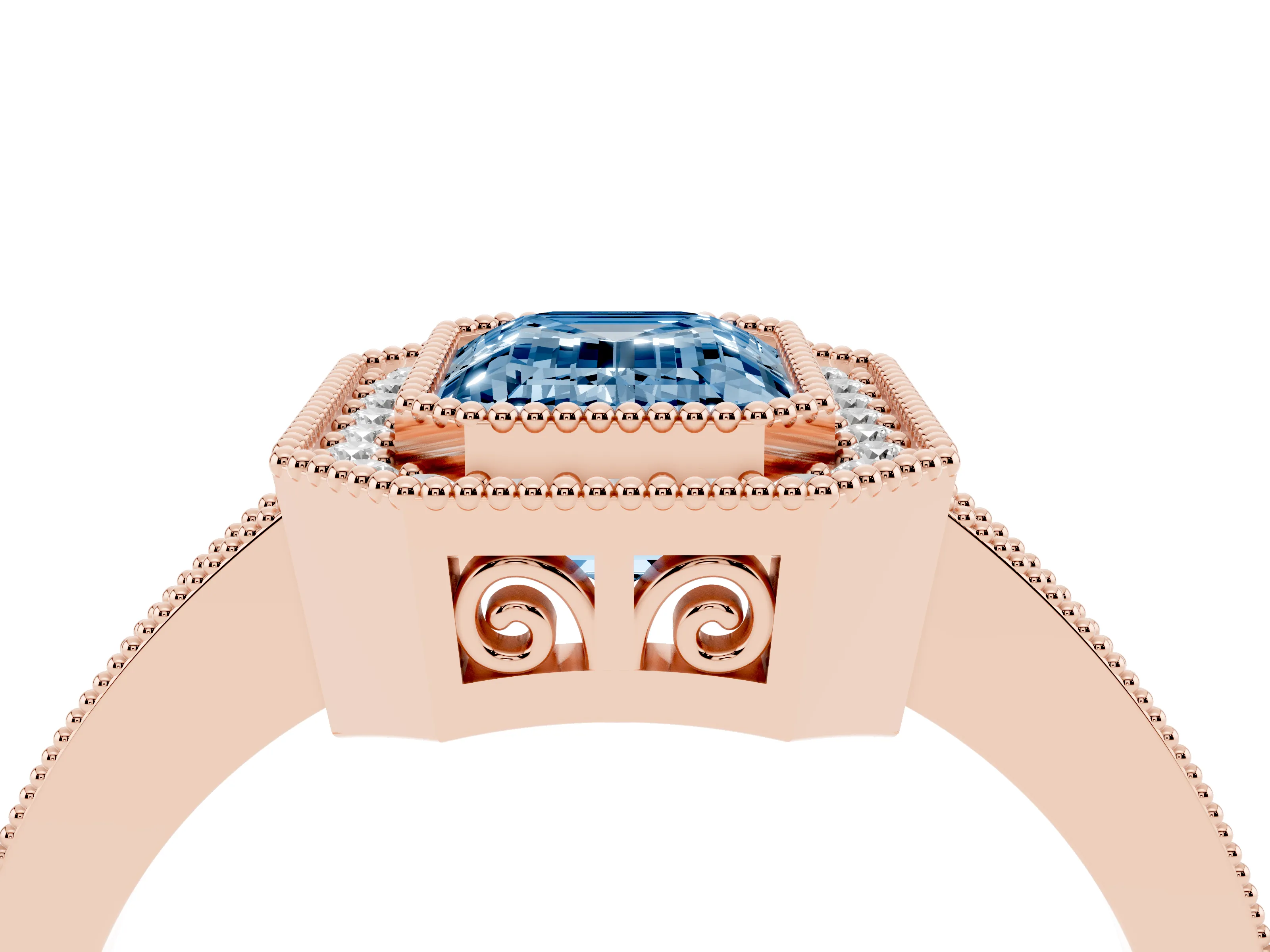 Fancy Blue Emerald Cut Diamond Round Halo Ring Set in Rose gold with Pavé Band